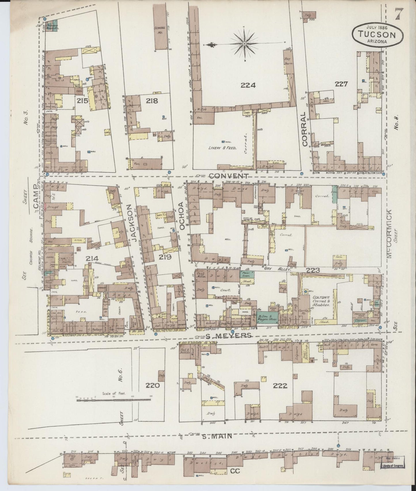 Sanborn Fire Insurance Map from Tucson, Pima County, Arizona (1886), Sheet #0007 - Historic Sanborn Fire Insurance Map Print, vintage old map wall art, antique decor, genealogy gift, Arizona Arizona map