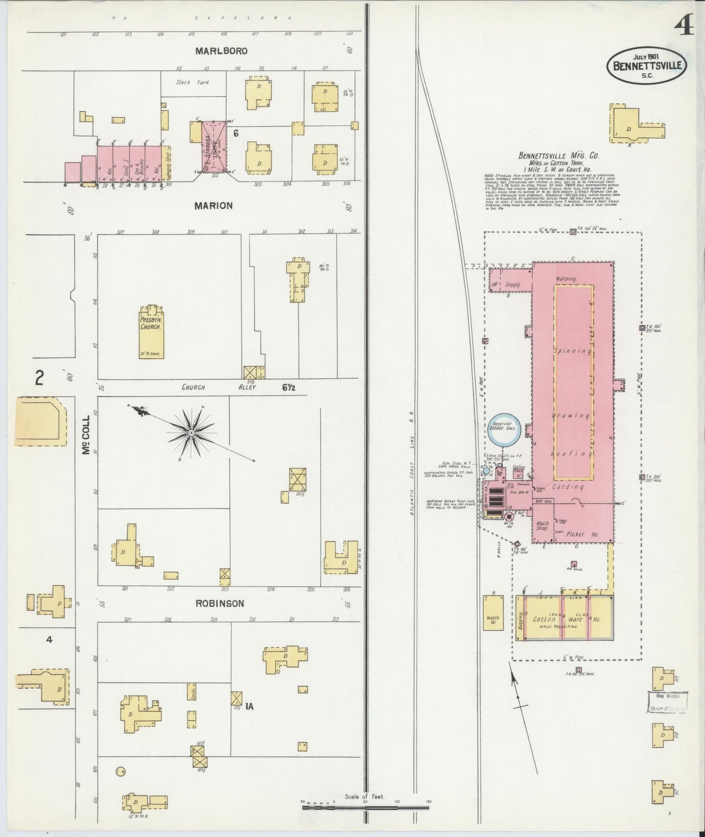 Sanborn Fire Insurance Map from Bennettsville, Marlboro County, South Carolina (1901), Sheet #0004 - Historic Sanborn Fire Insurance Map Print, vintage old map wall art, antique decor, genealogy gift, South Carolina South Carolina map