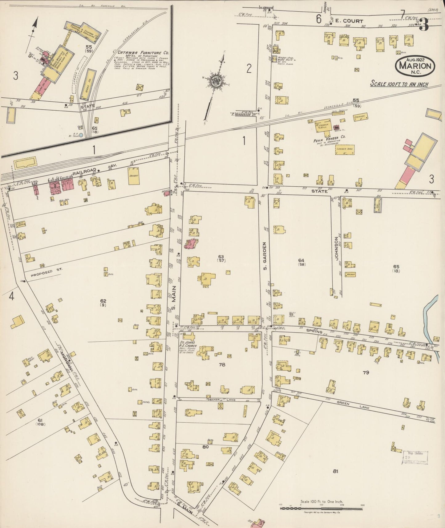 Sanborn Fire Insurance Map from Marion, Mcdowell County, North Carolina (1922), Sheet #0003 - Historic Sanborn Fire Insurance Map Print, vintage old map wall art, antique decor, genealogy gift, North Carolina North Carolina map