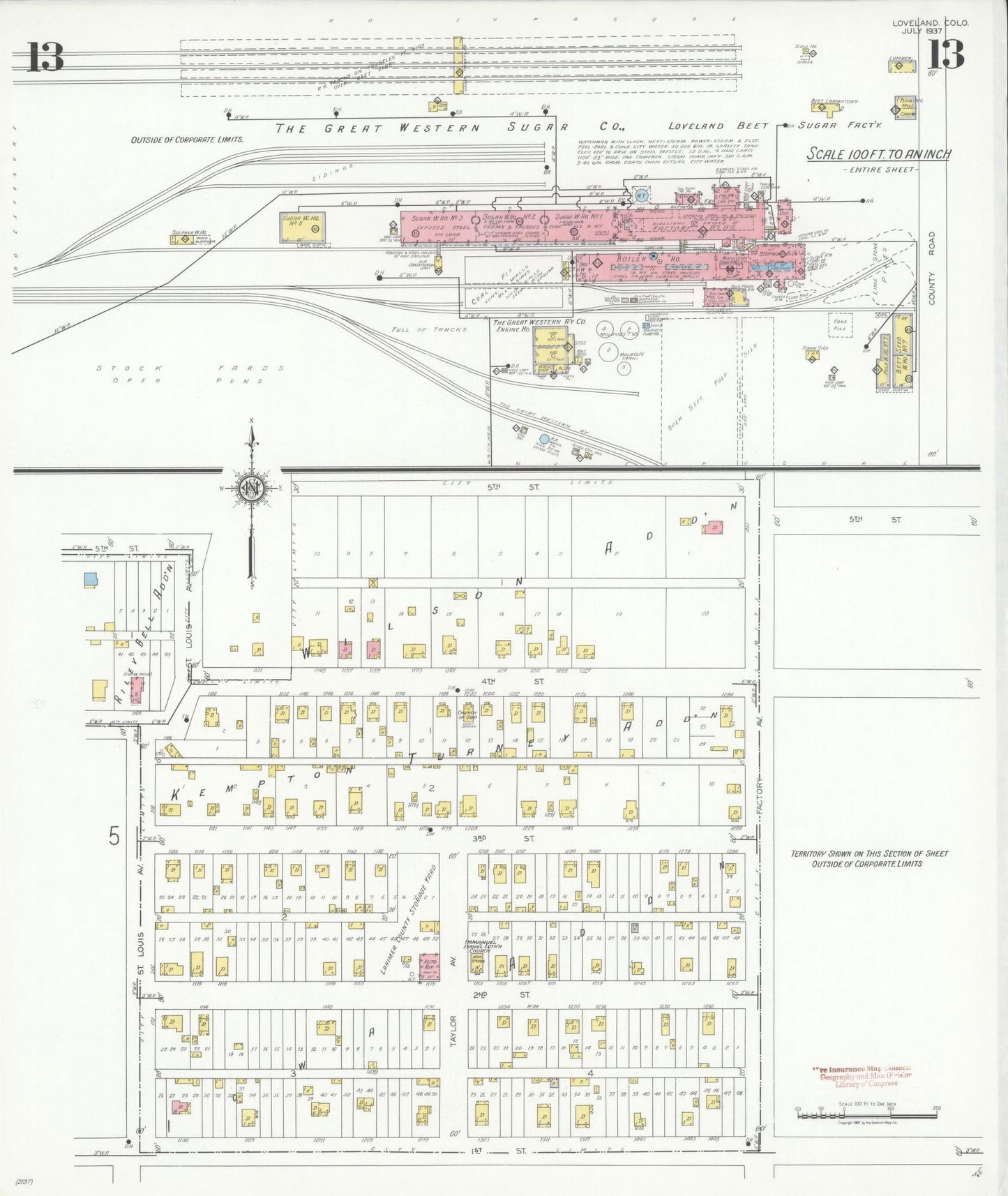 Sanborn Fire Insurance Map from Loveland, Larimer County, Colorado (1937), Sheet #0013 - Historic Sanborn Fire Insurance Map Print, vintage old map wall art, antique decor, genealogy gift, Colorado Colorado map