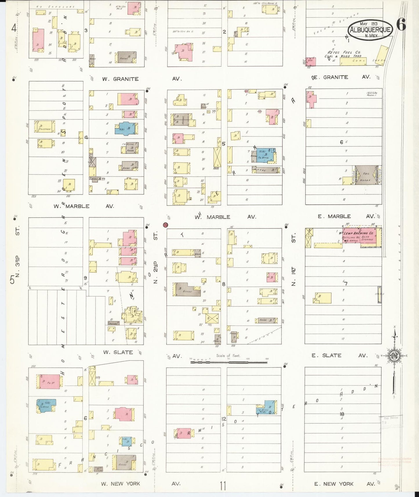 Sanborn Fire Insurance Map from Albuquerque, Bernalillo County, New Mexico (1913), Sheet #0006 - Historic Sanborn Fire Insurance Map Print, vintage old map wall art, antique decor, genealogy gift, New Mexico New Mexico map