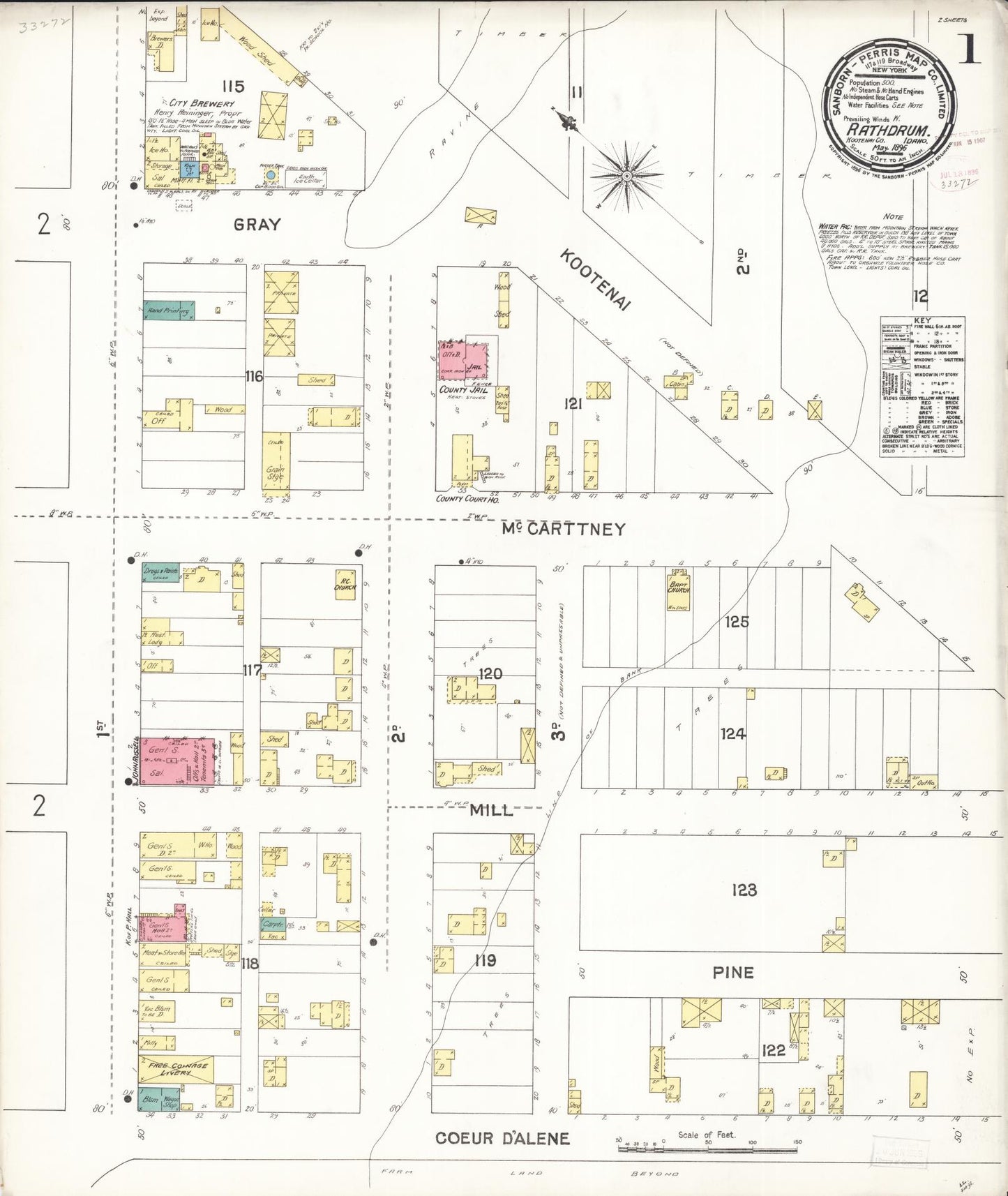 Sanborn Fire Insurance Map from Rathdrum, Kootenai County, Idaho (1896), Sheet #0001 - Historic Sanborn Fire Insurance Map Print, vintage old map wall art, antique decor, genealogy gift, Idaho Idaho map