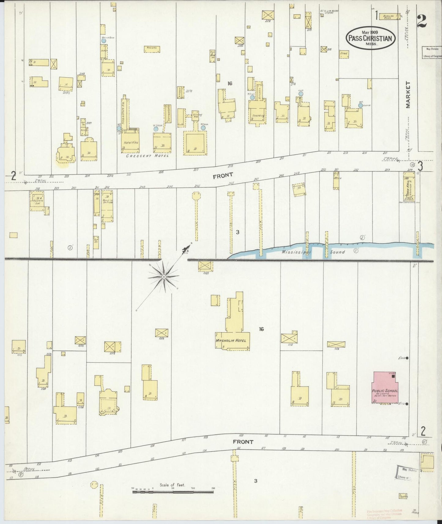 Sanborn Fire Insurance Map from Pass Christian, Harrison County, Mississippi (1909), Sheet #0002 - Historic Sanborn Fire Insurance Map Print, vintage old map wall art, antique decor, genealogy gift, Mississippi Mississippi map