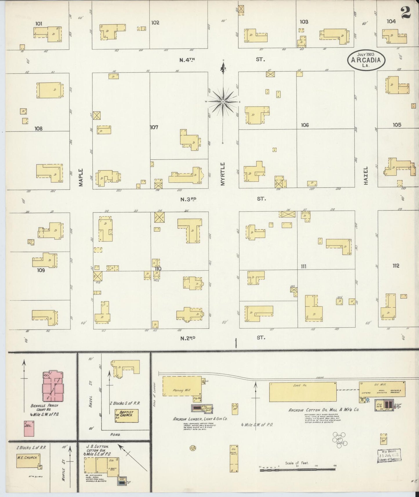 Sanborn Fire Insurance Map from Arcadia, Bienville Parish, Louisiana (1903), Sheet #0002 - Complete Map Set gallery image, historic Sanborn map, vintage wall art, Louisiana Louisiana