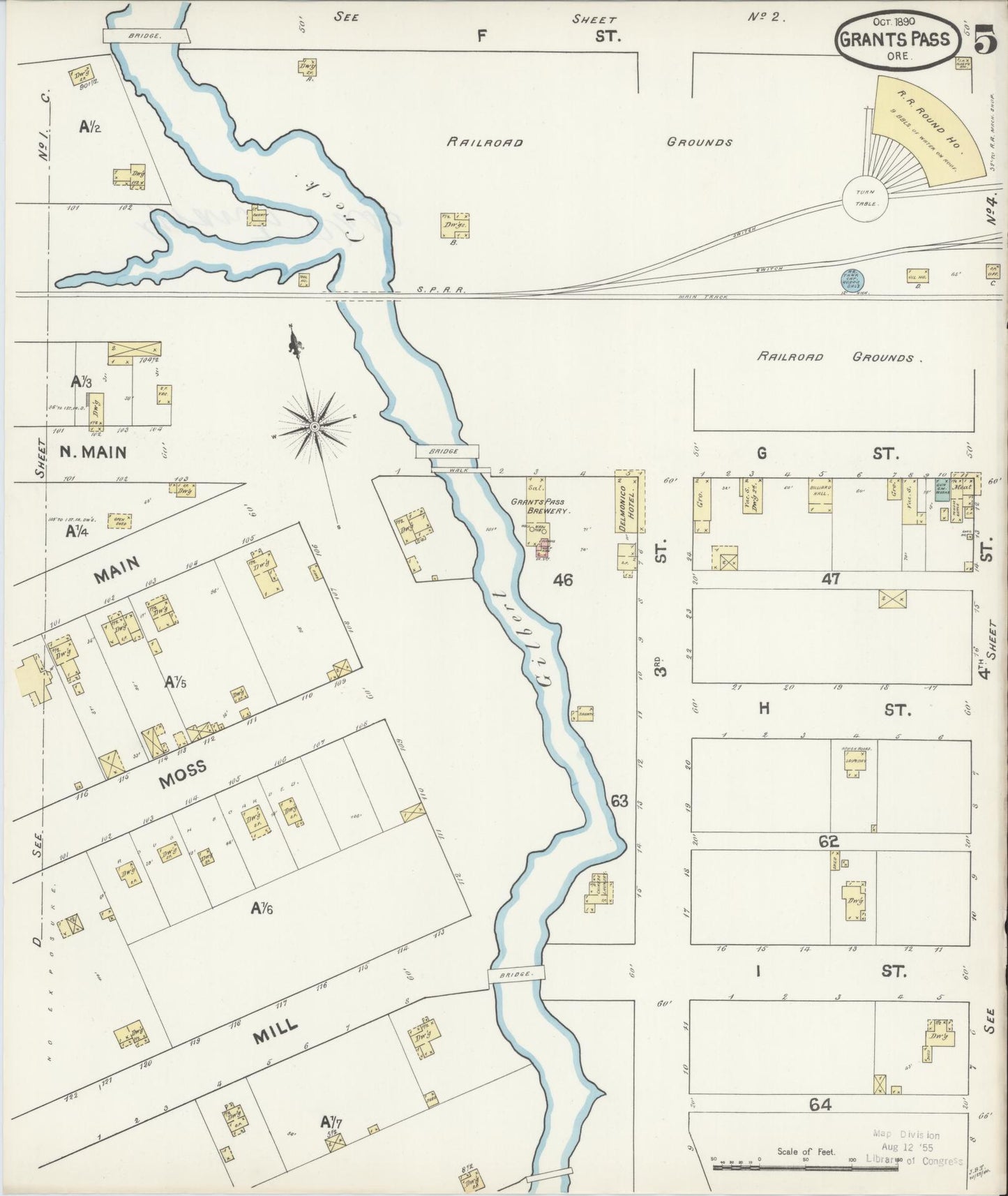 Sanborn Fire Insurance Map from Grants Pass, Josephine County, Oregon (1890), Sheet #0005 - Historic Sanborn Fire Insurance Map Print, vintage old map wall art, antique decor, genealogy gift, Oregon Oregon map