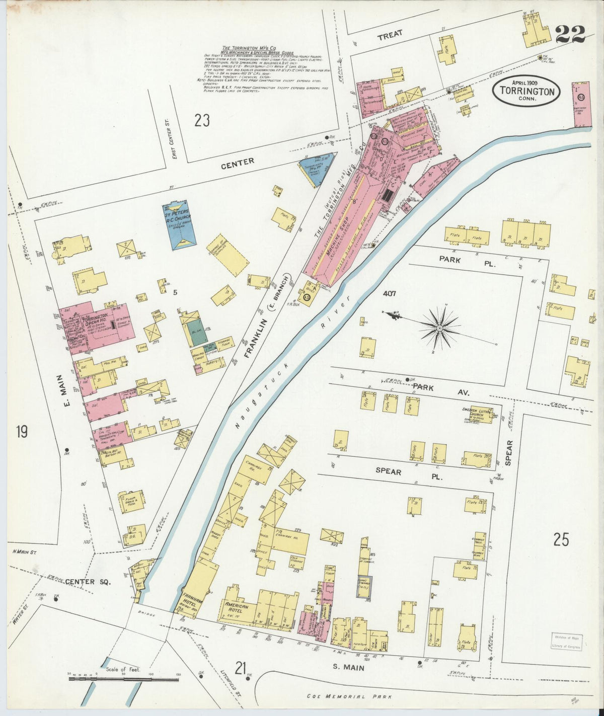 Sanborn Fire Insurance Map from Torrington, Litchfield County, Connecticut (1909), Sheet #0022 - Historic Sanborn Fire Insurance Map Print, vintage old map wall art, antique decor, genealogy gift, Connecticut Connecticut map