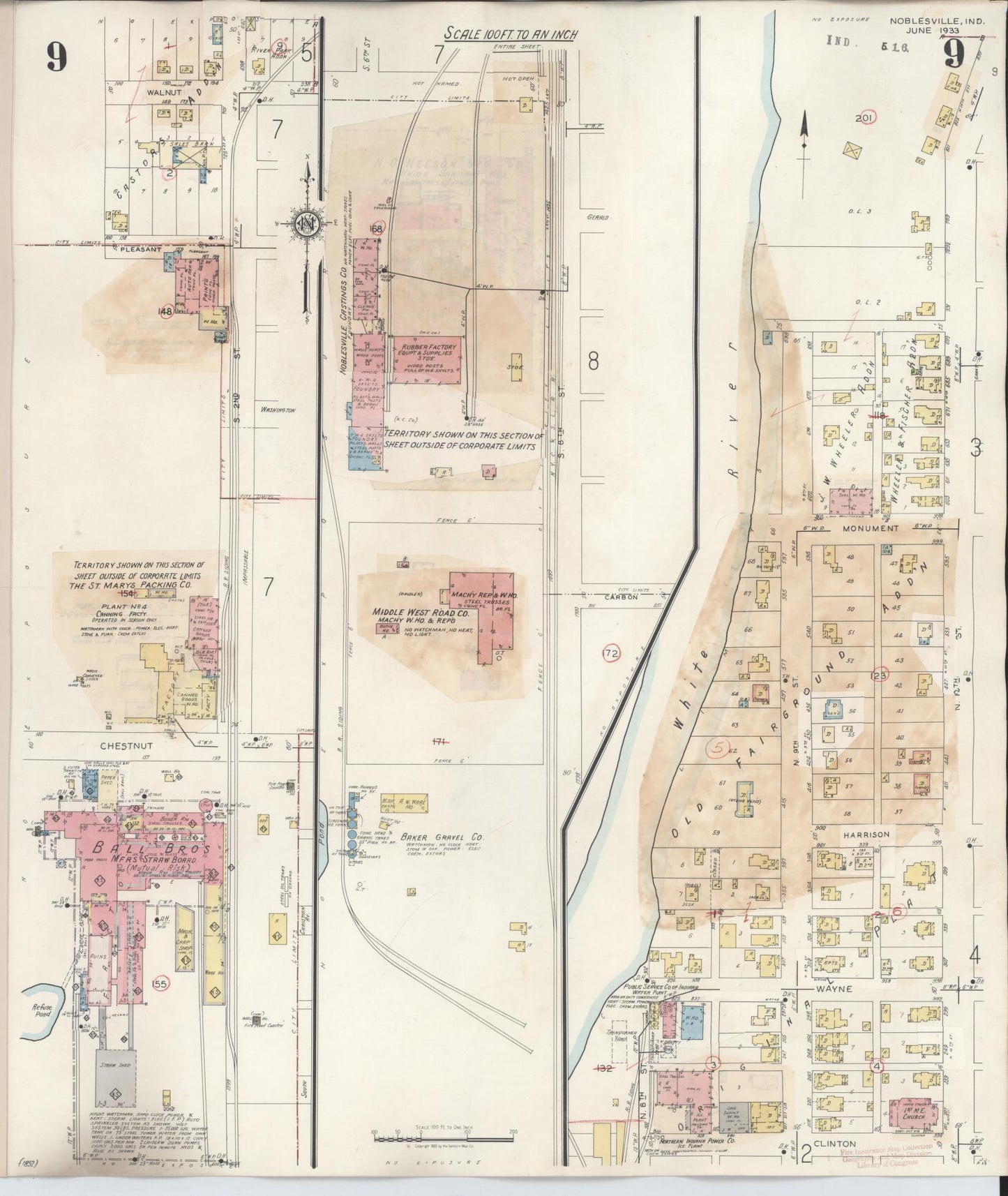 Sanborn Fire Insurance Map from Noblesville, Hamilton County, Indiana (1947), Sheet #0009 - Complete Map Set gallery image, historic Sanborn map, vintage wall art, Indiana Indiana