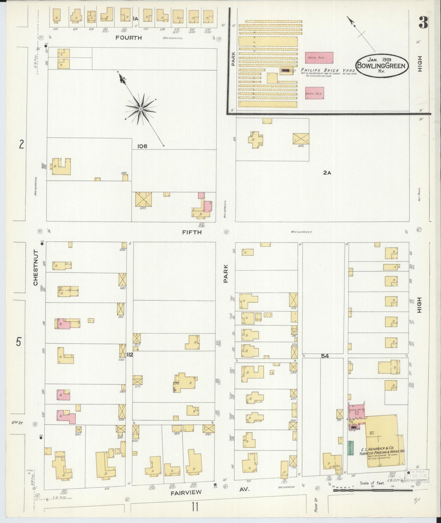 Sanborn Fire Insurance Map from Bowling Green, Warren County, Kentucky (1909), Sheet #0003 - Historic Sanborn Fire Insurance Map Print, vintage old map wall art, antique decor, genealogy gift, Kentucky Kentucky map