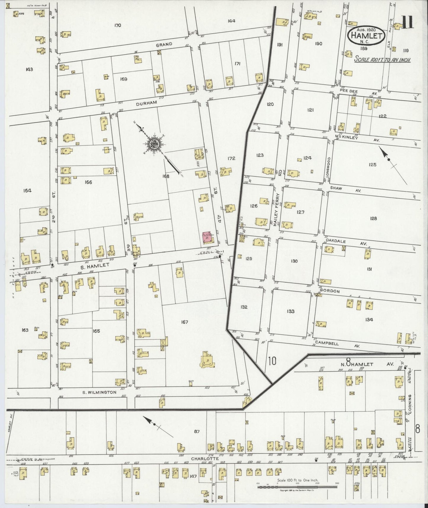 Sanborn Fire Insurance Map from Hamlet, Richmond County, North Carolina (1920), Sheet #0011 - Historic Sanborn Fire Insurance Map Print, vintage old map wall art, antique decor, genealogy gift, North Carolina North Carolina map