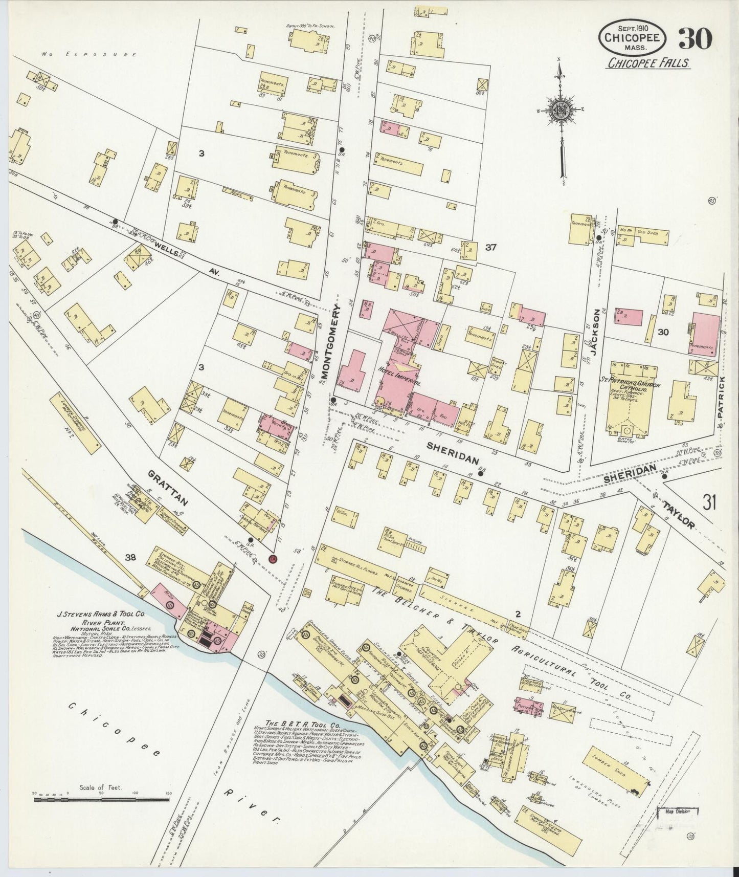 Sanborn Fire Insurance Map from Chicopee, Hampden County, Massachusetts (1910), Sheet #0030 - Historic Sanborn Fire Insurance Map Print, vintage old map wall art, antique decor, genealogy gift, Massachusetts Massachusetts map