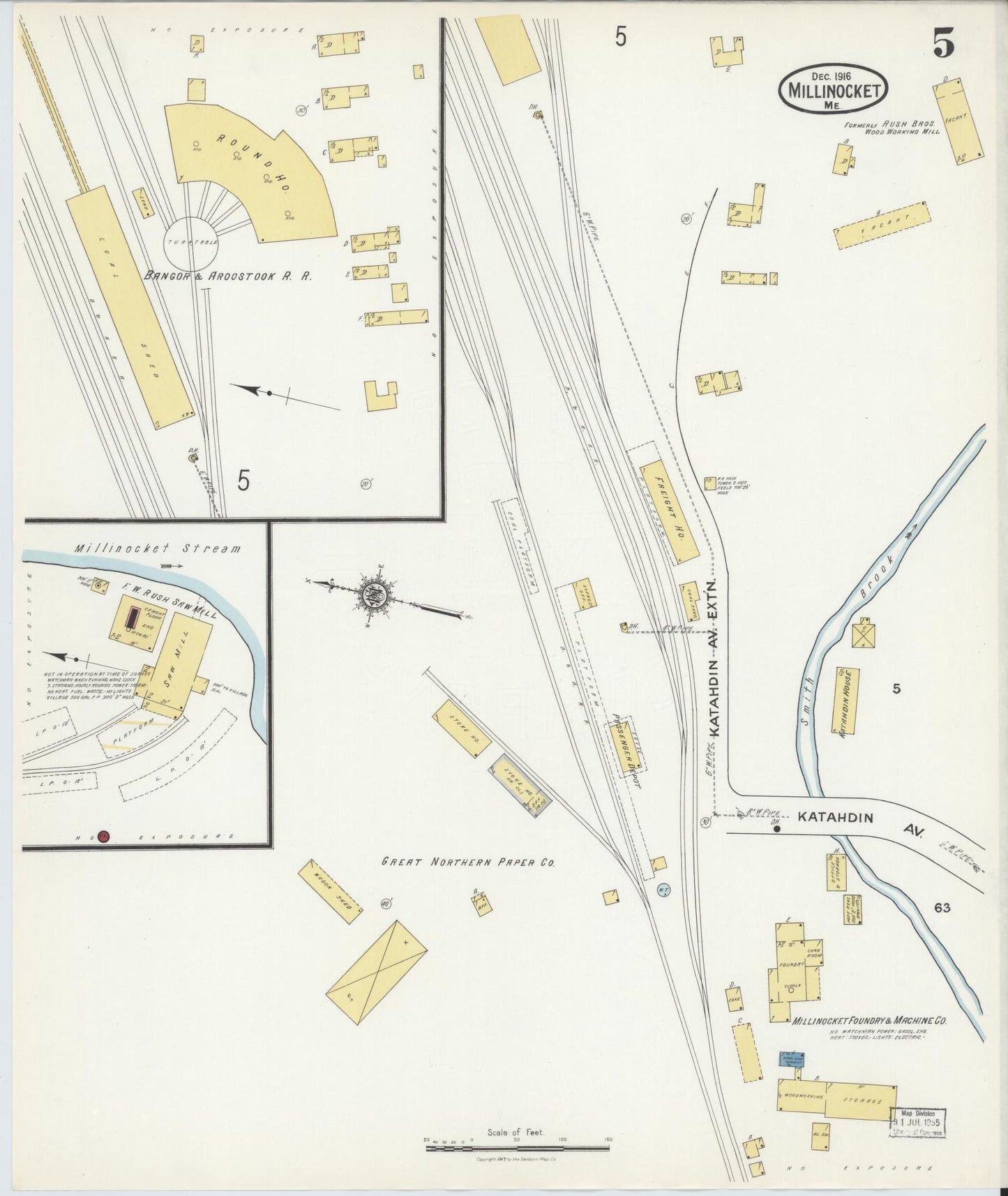 Sanborn Fire Insurance Map from Millinocket, Penobscot County, Maine (1916), Sheet #0005 - Historic Sanborn Fire Insurance Map Print, vintage old map wall art, antique decor, genealogy gift, Maine Maine map