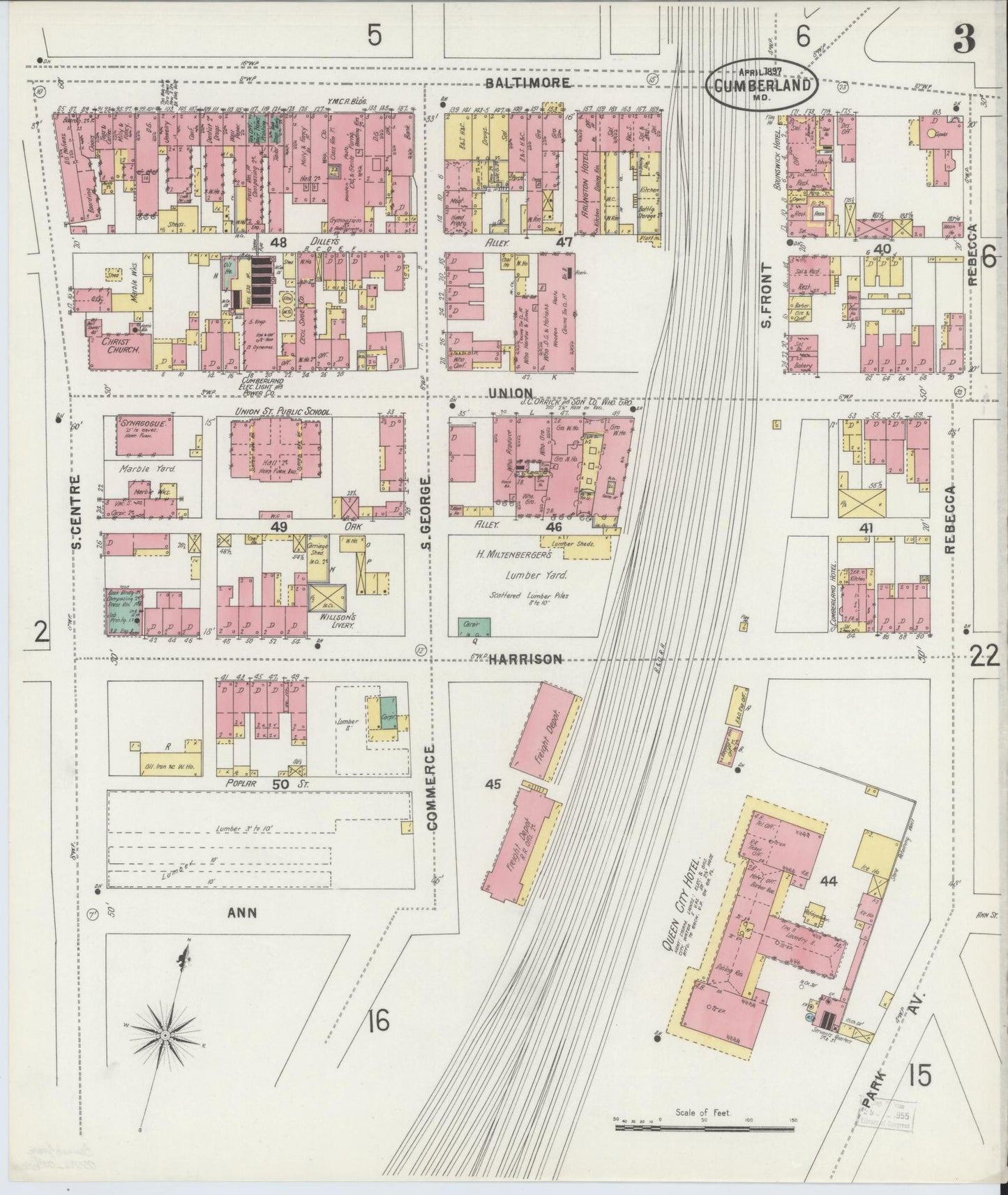 Sanborn Fire Insurance Map from Cumberland, Allegany County, Maryland (1897), Sheet #0003 - Historic Sanborn Fire Insurance Map Print, vintage old map wall art, antique decor, genealogy gift, Maryland Maryland map