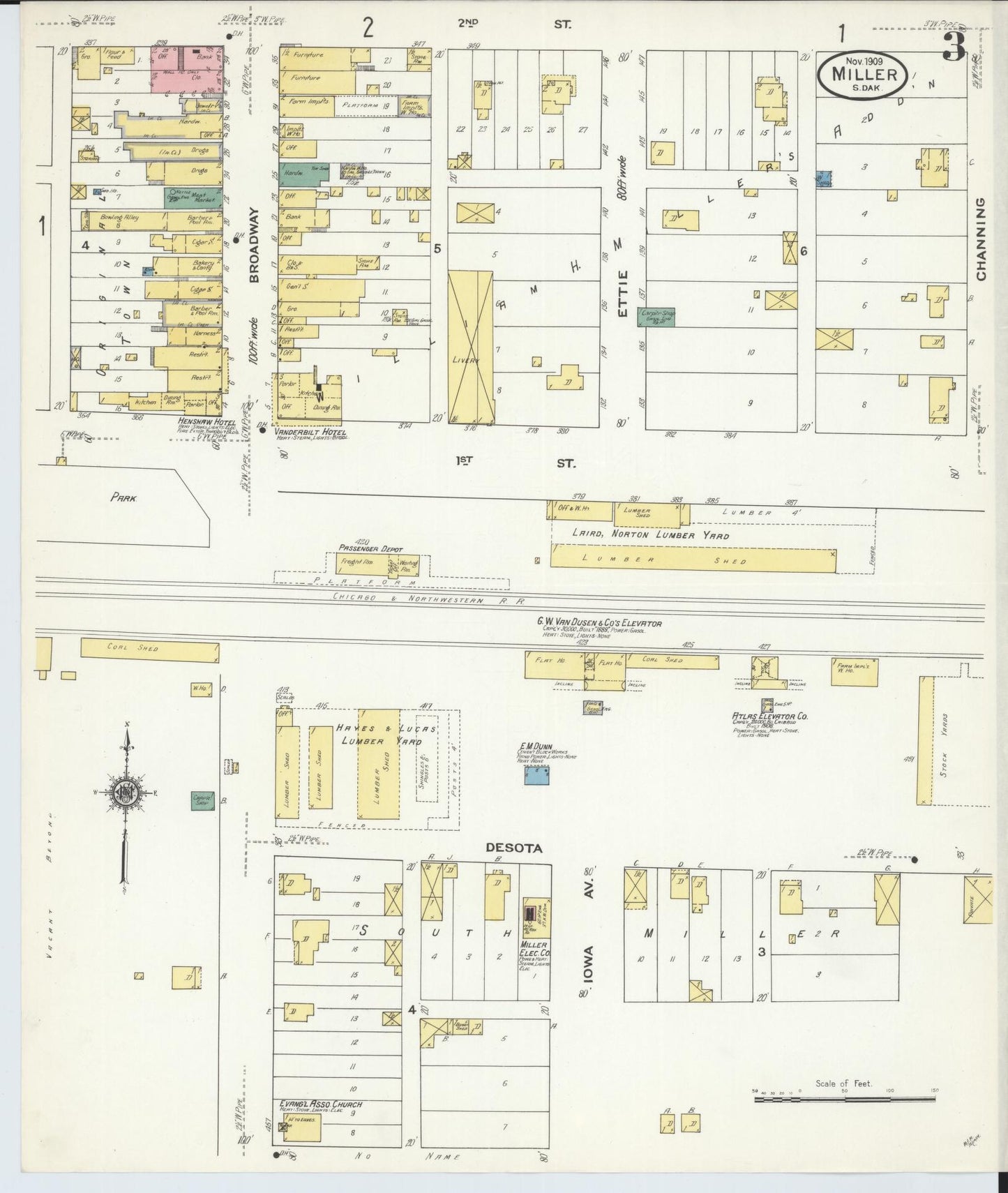 Sanborn Fire Insurance Map from Miller, Hand County, South Dakota (1909), Sheet #0003 - Complete Map Set gallery image, historic Sanborn map, vintage wall art, South Dakota South Dakota