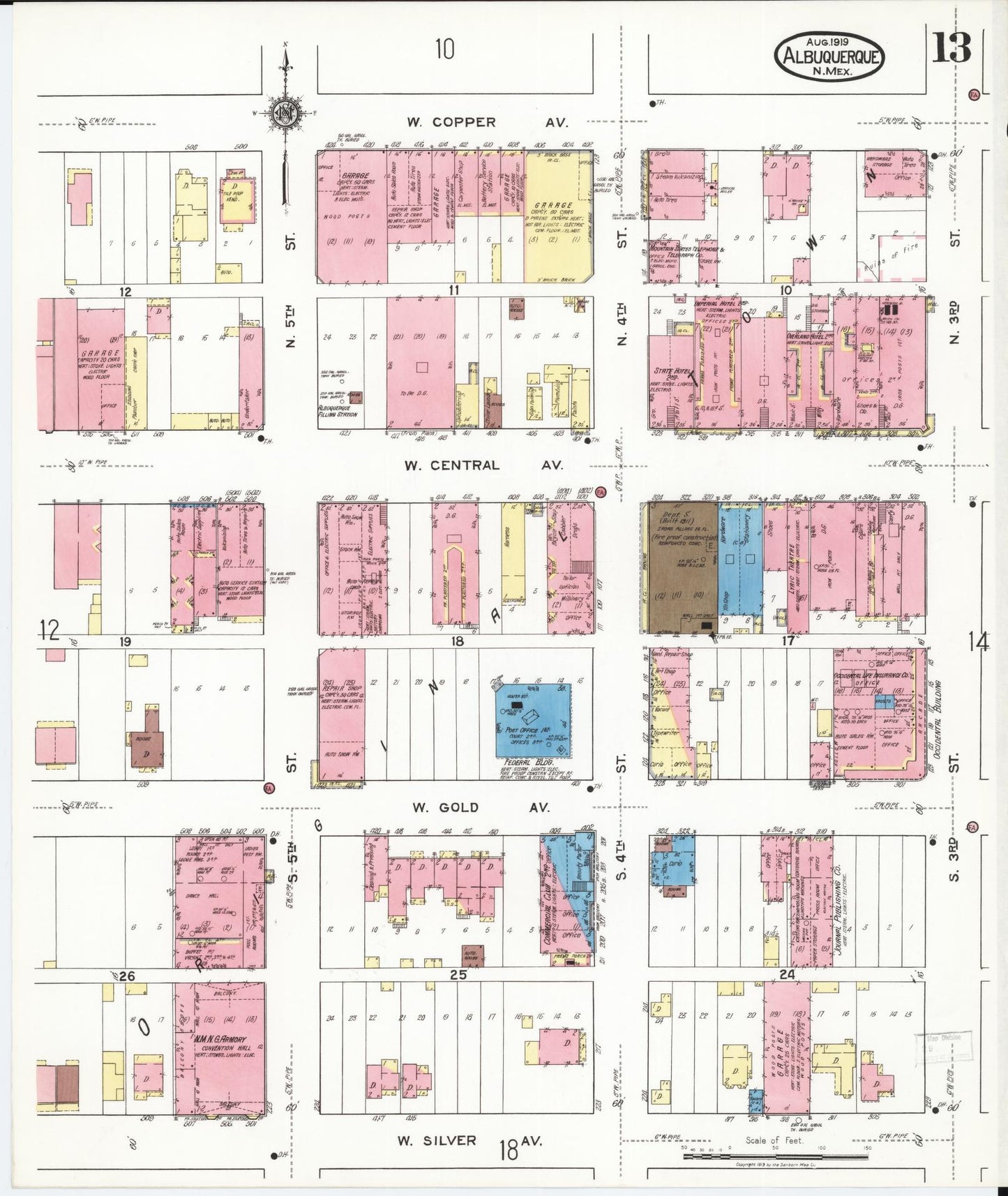 Sanborn Fire Insurance Map from Albuquerque, Bernalillo County, New Mexico (1919), Sheet #0013 - Historic Sanborn Fire Insurance Map Print, vintage old map wall art, antique decor, genealogy gift, New Mexico New Mexico map