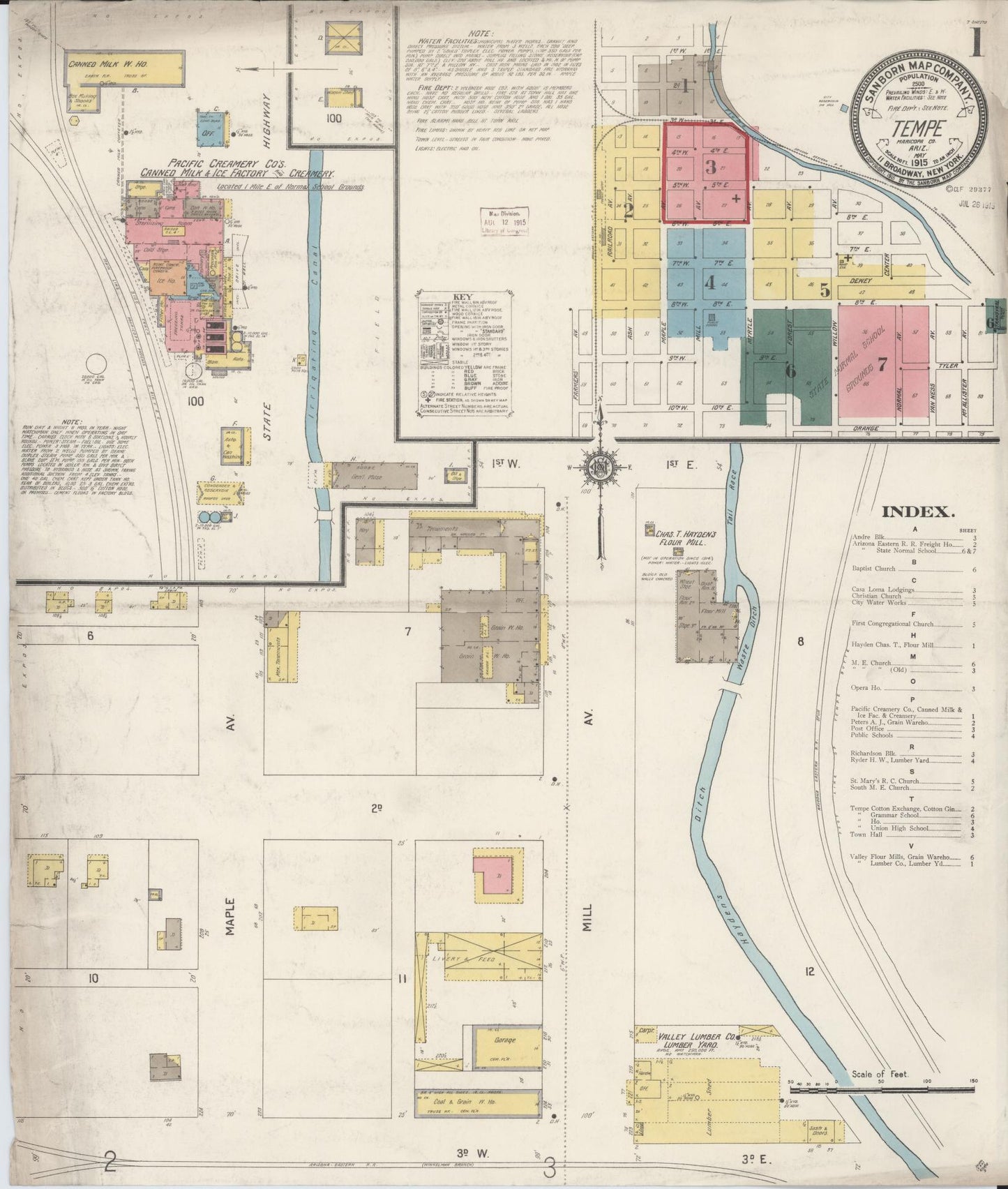 Sanborn Fire Insurance Map from Tempe, Maricopa County, Arizona (1915), Sheet #0001 - Historic Sanborn Fire Insurance Map Print, vintage old map wall art, antique decor, genealogy gift, Arizona Arizona map