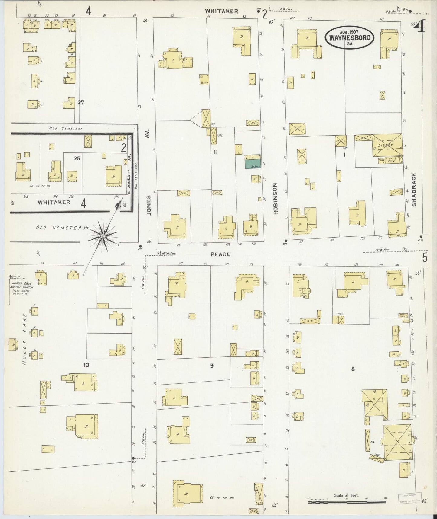 Sanborn Fire Insurance Map from Waynesboro, Burke County, Georgia (1907), Sheet #0004 - Historic Sanborn Fire Insurance Map Print, vintage old map wall art, antique decor, genealogy gift, Georgia Georgia map