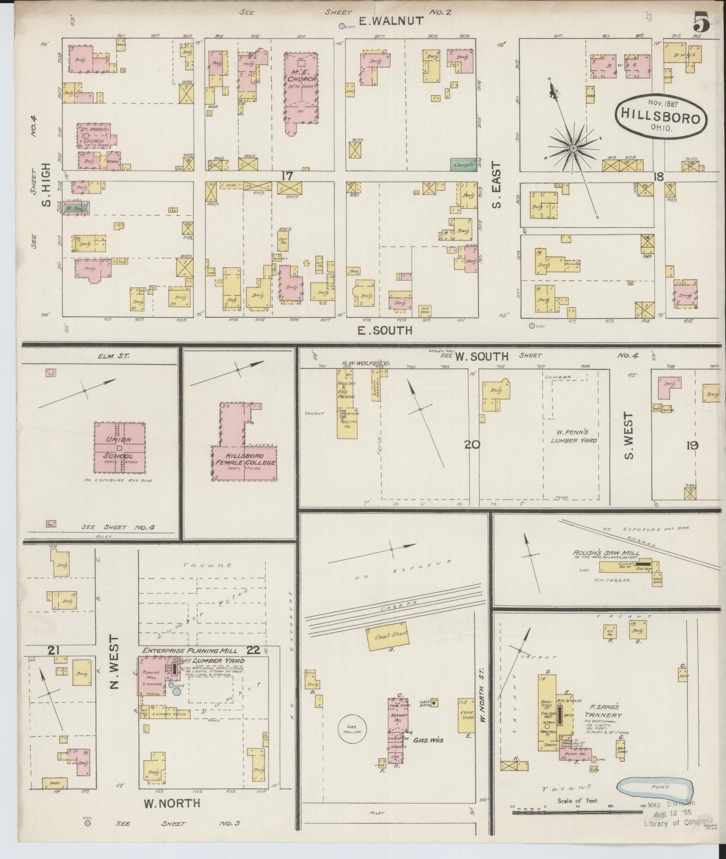 Sanborn Fire Insurance Map from Hillsboro, Highland County, Ohio (1887), Sheet #0005 - Complete Map Set gallery image, historic Sanborn map, vintage wall art, Ohio Ohio