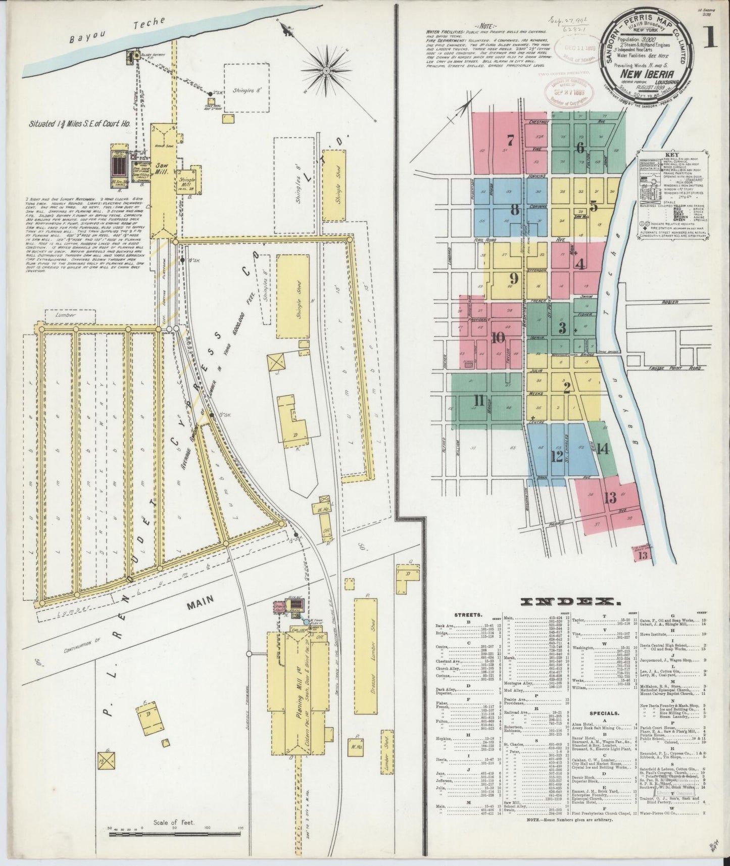 Sanborn Fire Insurance Map from New Iberia, Iberia Parish, Louisiana (1899), Sheet #0001 - Historic Sanborn Fire Insurance Map Print, vintage old map wall art, antique decor, genealogy gift, Louisiana Louisiana map