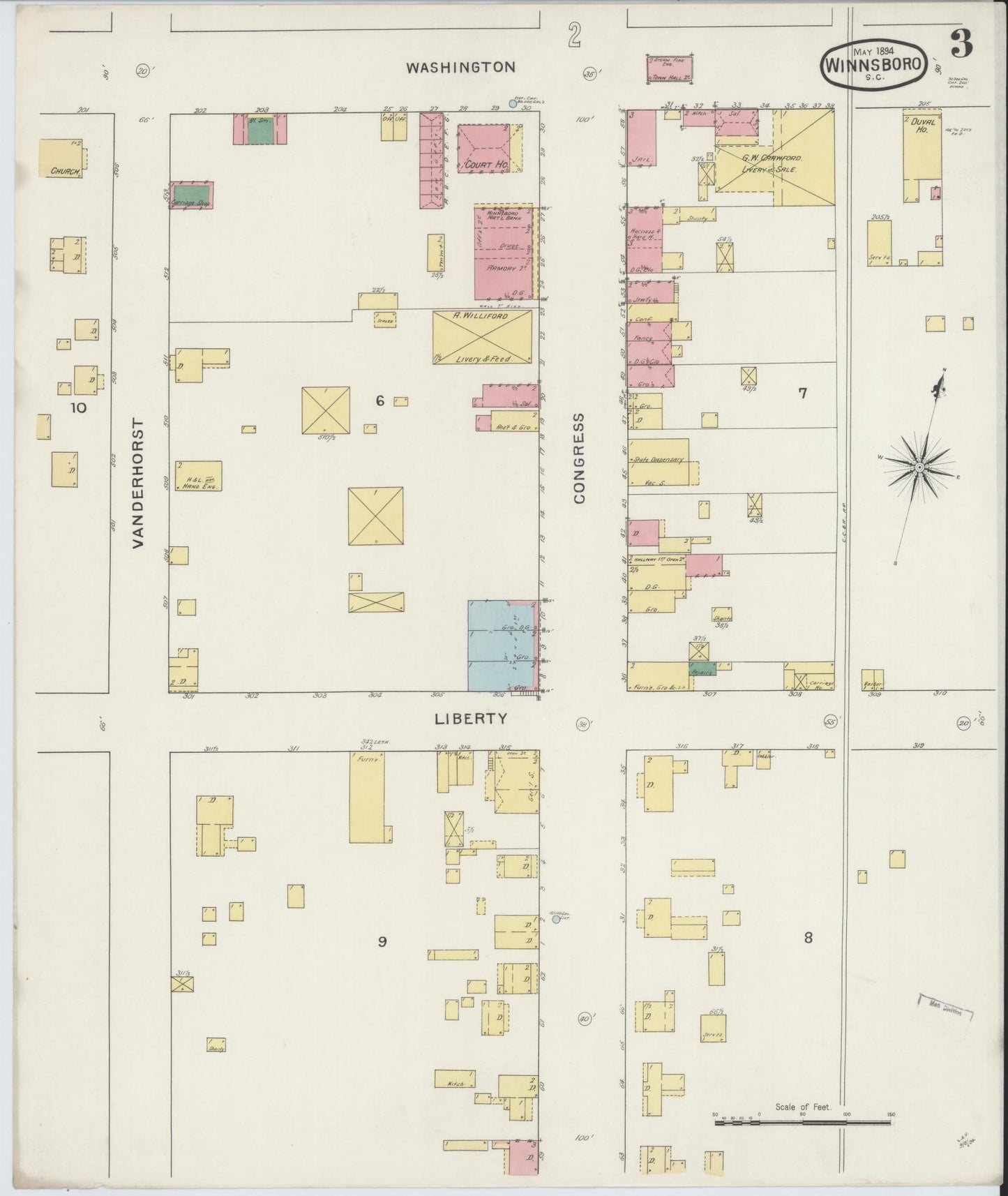 Sanborn Fire Insurance Map from Winnsboro, Fairfield County, South Carolina (1894), Sheet #0003 - Complete Map Set gallery image, historic Sanborn map, vintage wall art, South Carolina South Carolina