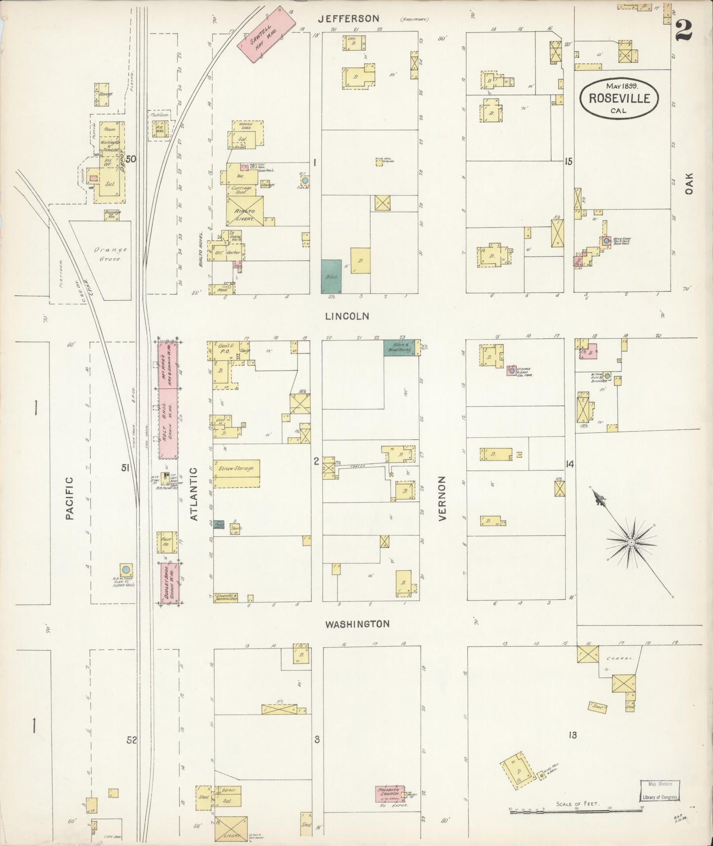 Sanborn Fire Insurance Map from Roseville, Placer County, California (1899), Sheet #0002 - Complete Map Set gallery image, historic Sanborn map, vintage wall art, California California