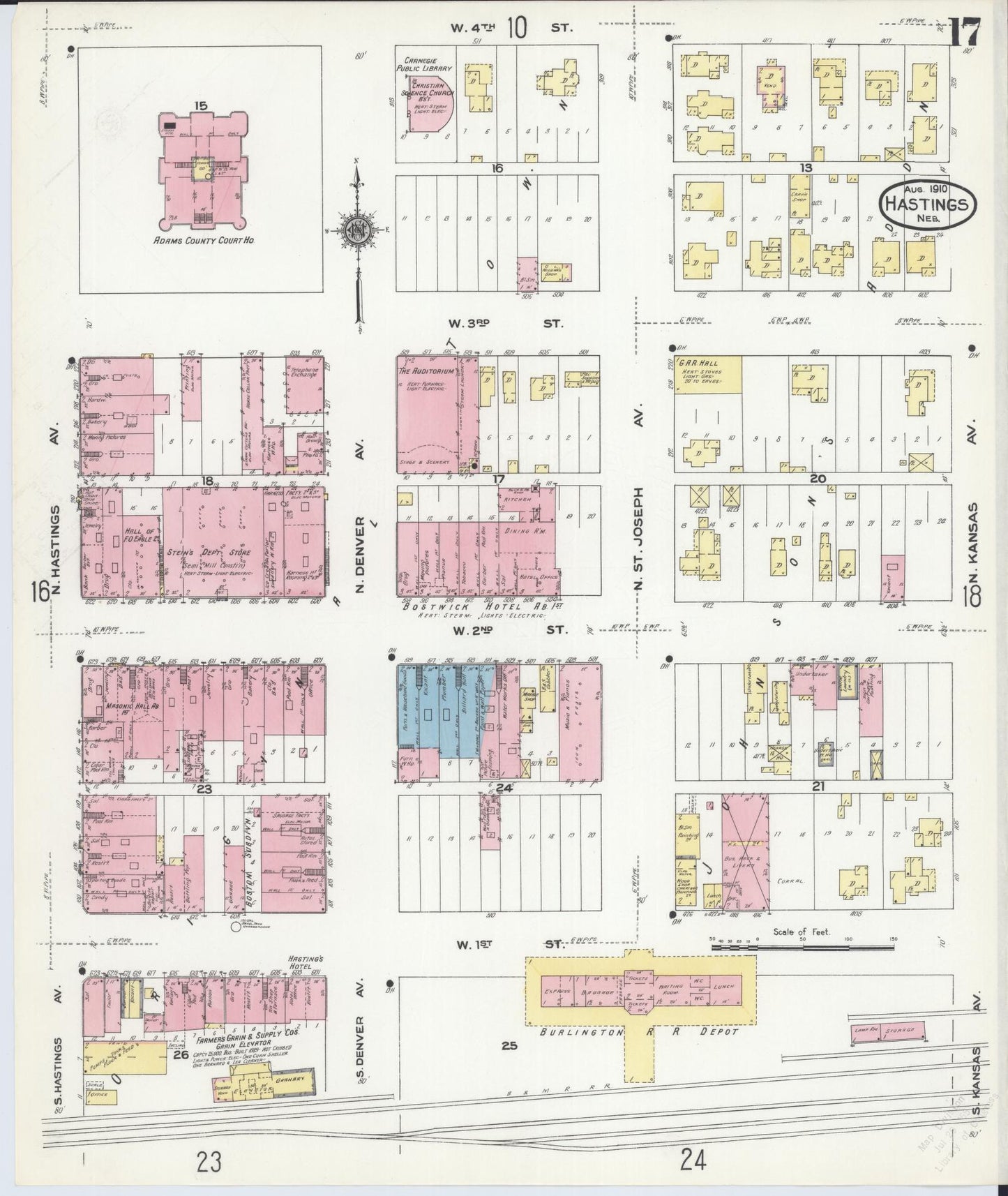 Sanborn Fire Insurance Map from Hastings, Adams County, Nebraska (1910), Sheet #0017 - Historic Sanborn Fire Insurance Map Print, vintage old map wall art, antique decor, genealogy gift, Nebraska Nebraska map