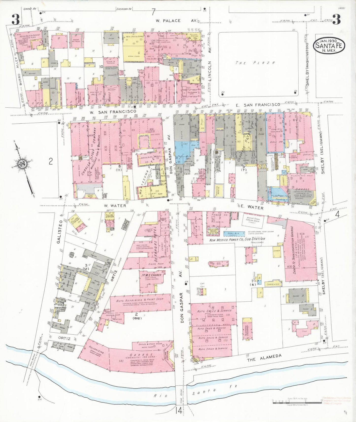 Sanborn Fire Insurance Map from Santa Fe, Santa Fe County, New Mexico (1930), Sheet #0003 - Historic Sanborn Fire Insurance Map Print, vintage old map wall art, antique decor, genealogy gift, New Mexico New Mexico map