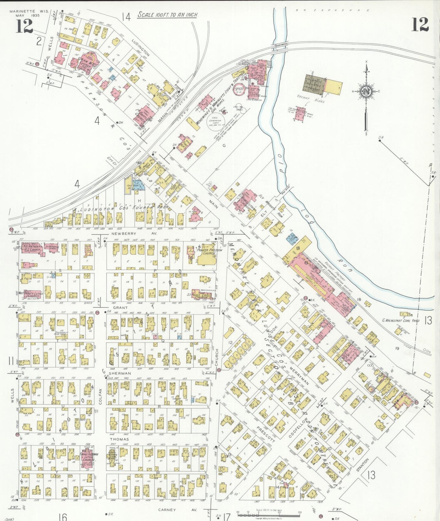 Sanborn Fire Insurance Map from Marinette, Marinette County, Wisconsin (1935), Sheet #0012 - Historic Sanborn Fire Insurance Map Print, vintage old map wall art, antique decor, genealogy gift, Wisconsin Wisconsin map
