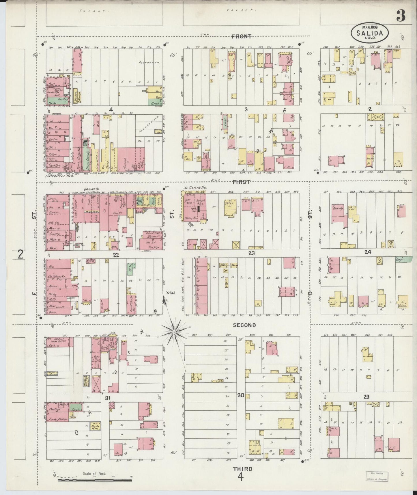 Sanborn Fire Insurance Map from Salida, Chaffee County, Colorado (1898), Sheet #0003 - Historic Sanborn Fire Insurance Map Print, vintage old map wall art, antique decor, genealogy gift, Colorado Colorado map