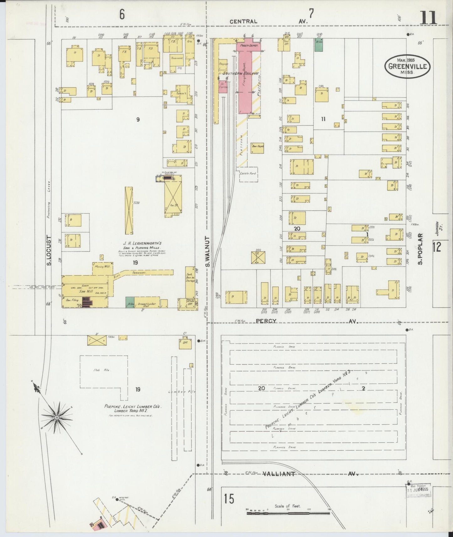 Sanborn Fire Insurance Map from Greenville, Washington County, Mississippi (1905), Sheet #0011 - Historic Sanborn Fire Insurance Map Print, vintage old map wall art, antique decor, genealogy gift, Mississippi Mississippi map