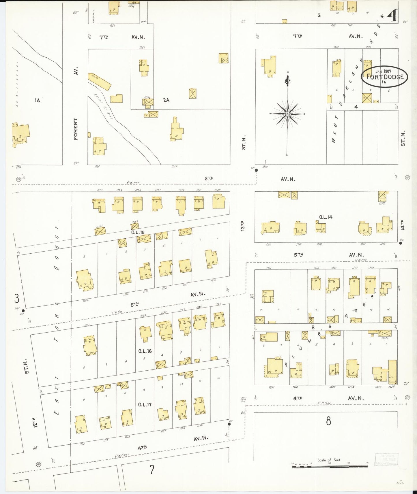 Sanborn Fire Insurance Map from Fort Dodge, Webster County, Iowa (1907), Sheet #0004 - Historic Sanborn Fire Insurance Map Print, vintage old map wall art