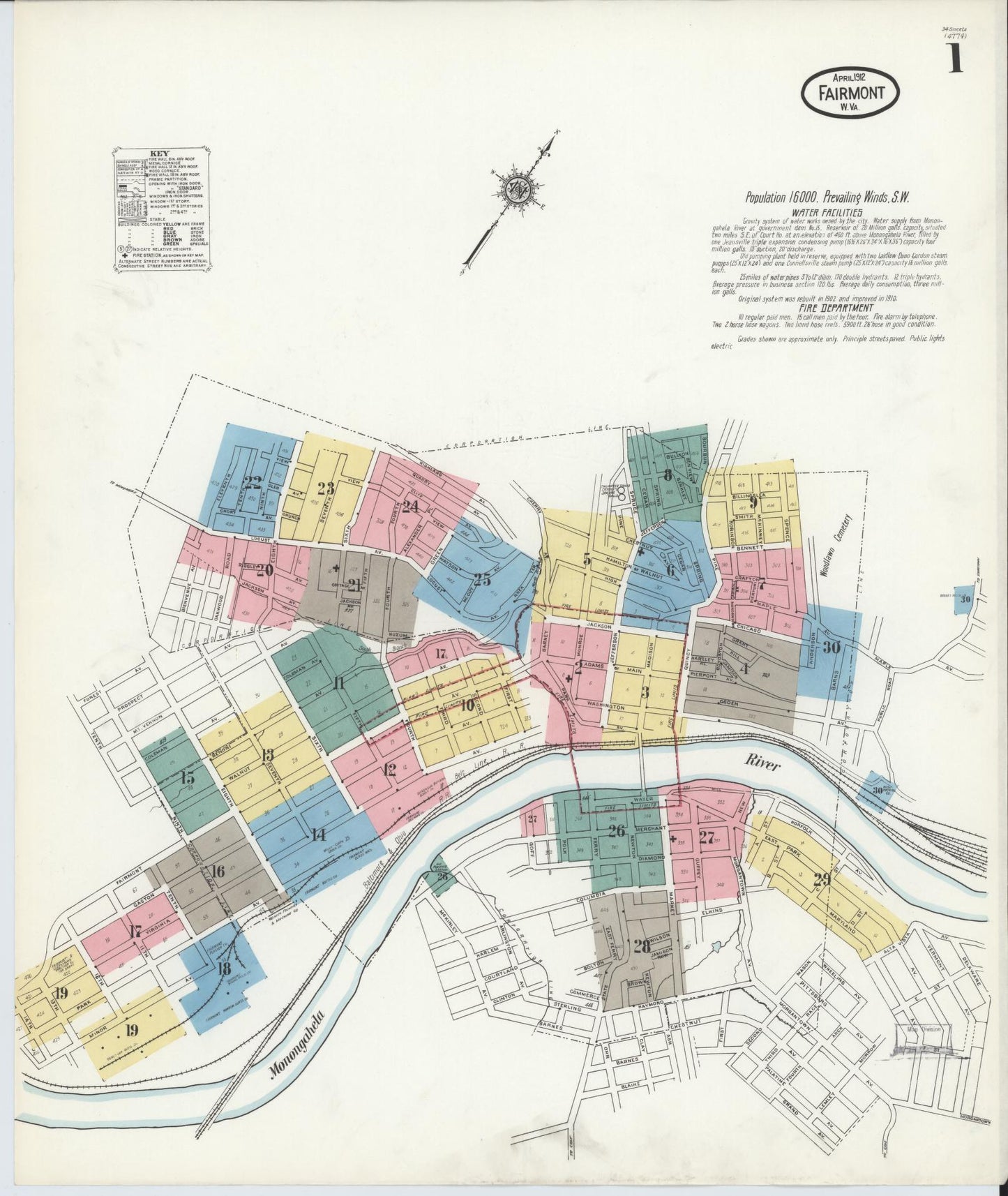Sanborn Fire Insurance Map from Fairmont, Marion County, West Virginia (1912), Sheet #0001 - Historic Sanborn Fire Insurance Map Print, vintage old map wall art, antique decor, genealogy gift, West Virginia West Virginia map