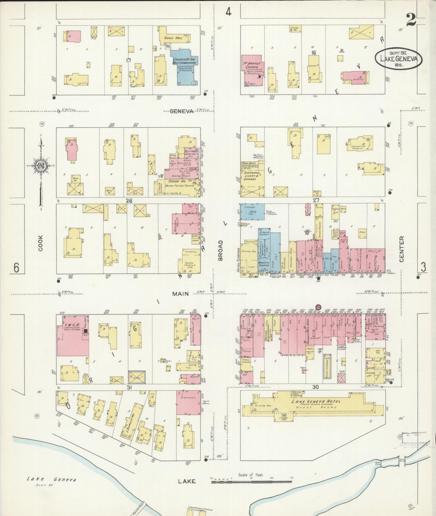 Sanborn Fire Insurance Map from Lake Geneva, Walworth County, Wisconsin (1912), Sheet #0002 - Historic Sanborn Fire Insurance Map Print, vintage old map wall art, antique decor, genealogy gift, Wisconsin Wisconsin map