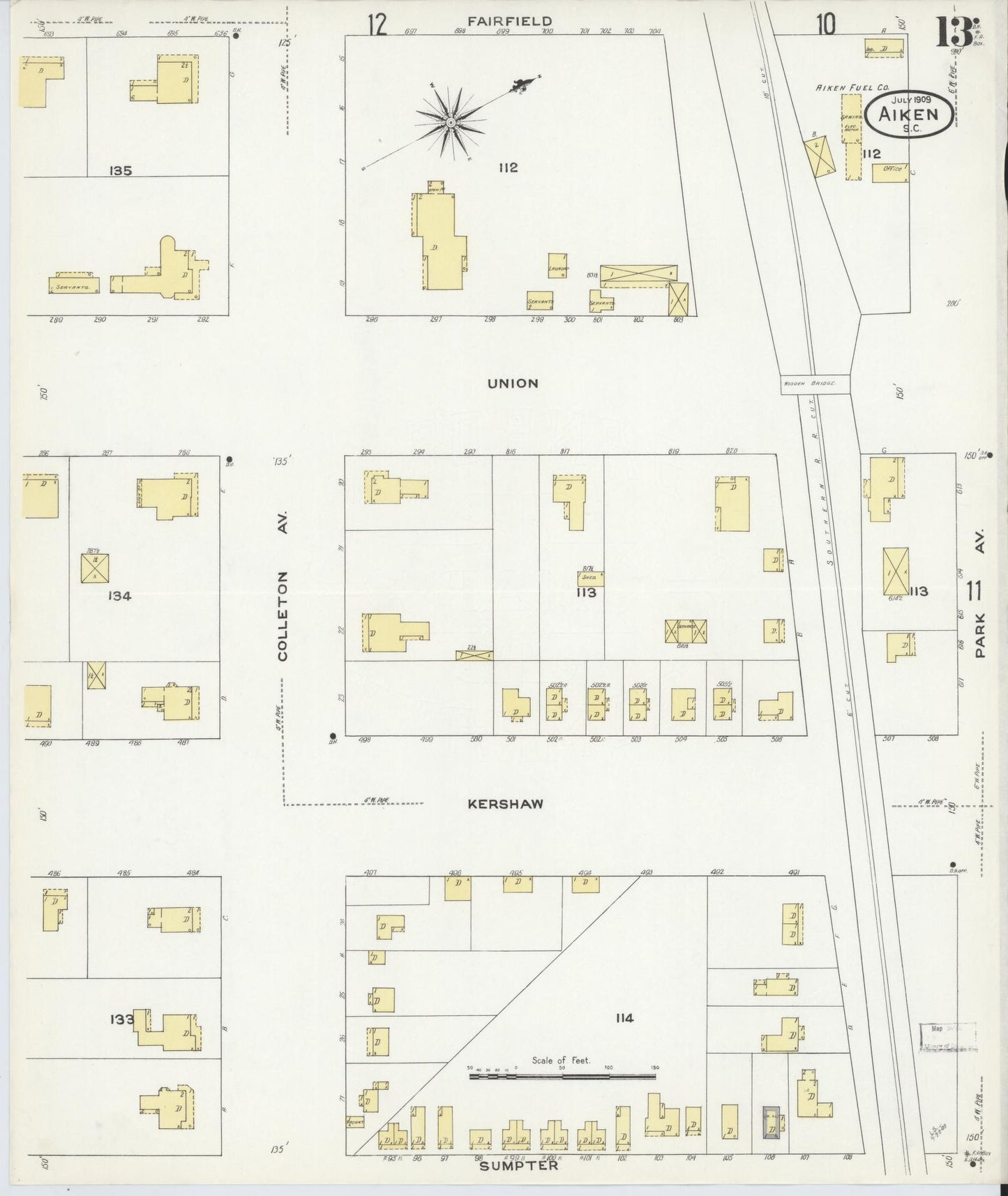 Sanborn Fire Insurance Map from Aiken, Aiken County, South Carolina (1909), Sheet #0013 - Historic Sanborn Fire Insurance Map Print, vintage old map wall art, antique decor, genealogy gift, South Carolina South Carolina map