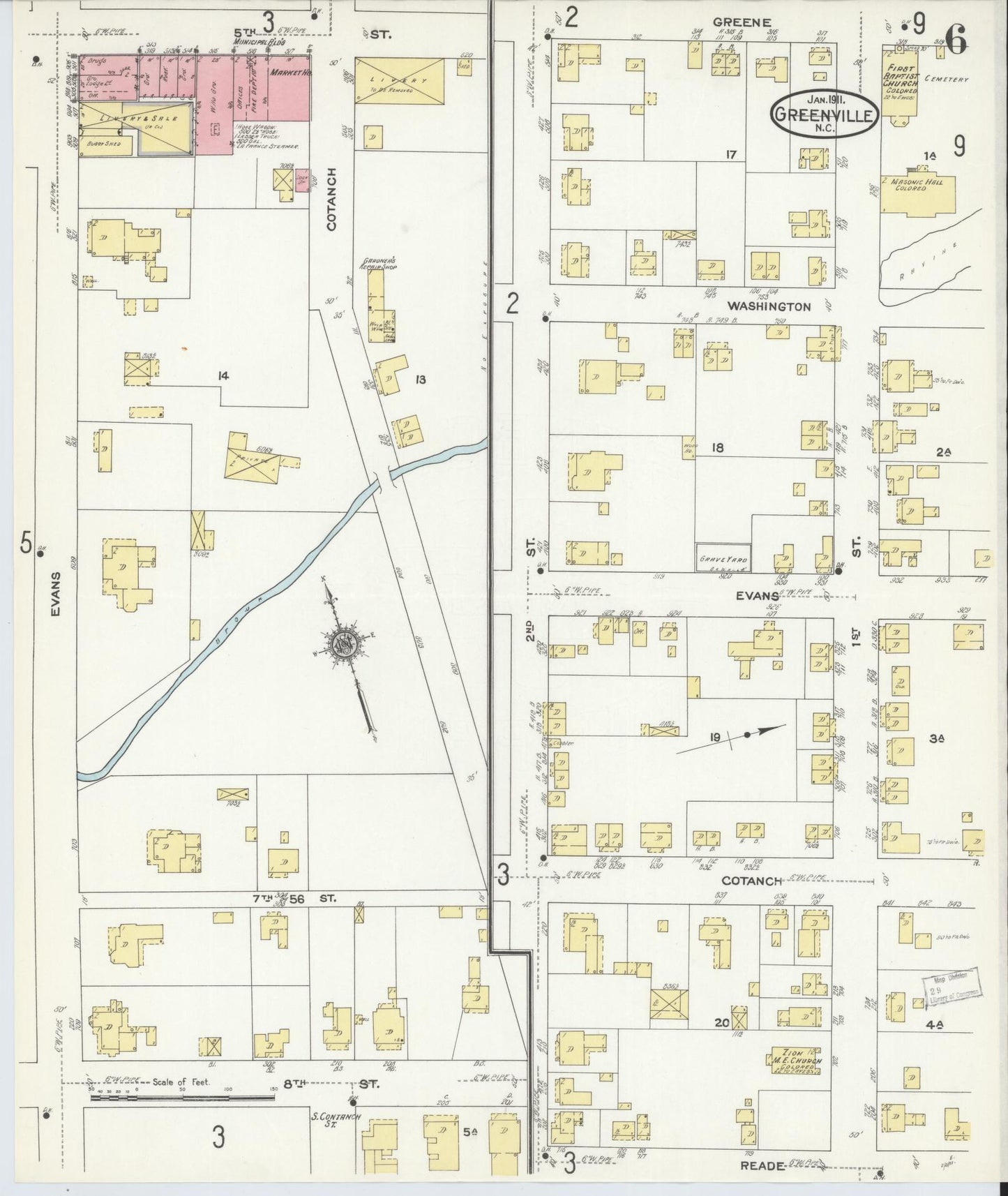 Sanborn Fire Insurance Map from Greenville, Pitt County, North Carolina (1911), Sheet #0006 - Historic Sanborn Fire Insurance Map Print, vintage old map wall art, antique decor, genealogy gift, North Carolina North Carolina map