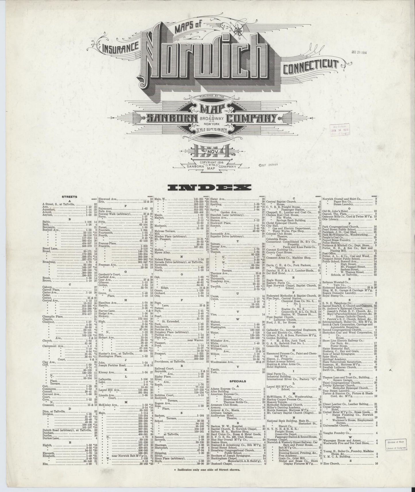 Sanborn Fire Insurance Map from Norwich, New London County, Connecticut (1914), Sheet #0001 - Historic Sanborn Fire Insurance Map Print, vintage old map wall art, antique decor, genealogy gift, Connecticut Connecticut map