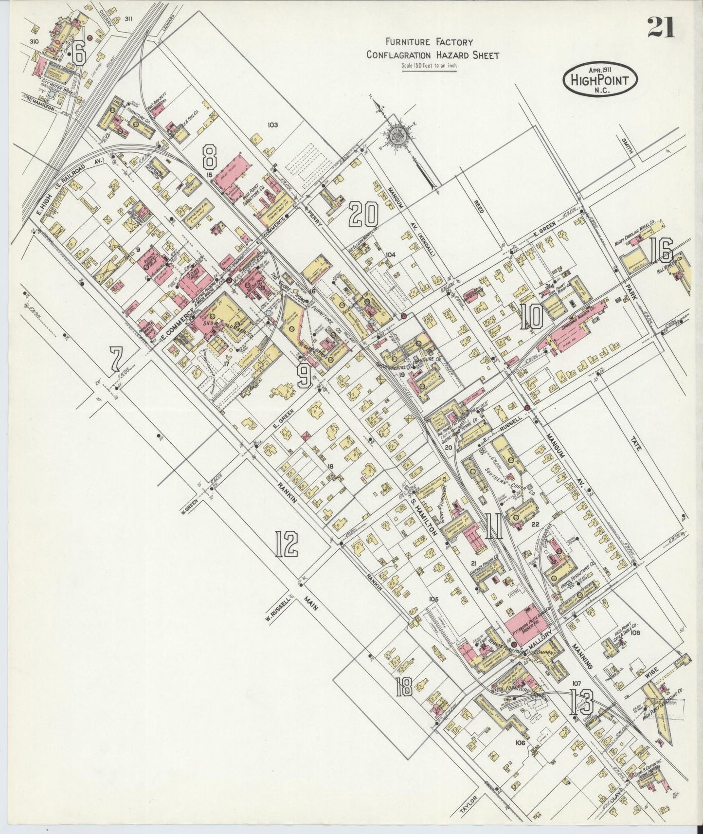 Sanborn Fire Insurance Map from High Point, Guilford County, North Carolina (1911), Sheet #0021 - Complete Map Set gallery image, historic Sanborn map, vintage wall art, North Carolina North Carolina