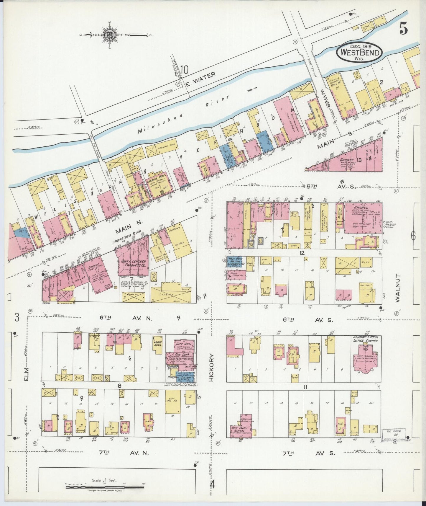 Sanborn Fire Insurance Map from West Bend, Washington County, Wisconsin (1919), Sheet #0005 - Historic Sanborn Fire Insurance Map Print, vintage old map wall art, antique decor, genealogy gift, Wisconsin Wisconsin map