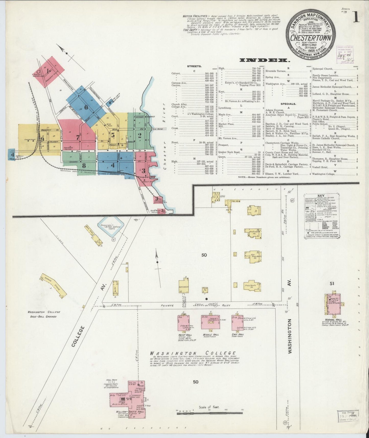 Sanborn Fire Insurance Map from Chestertown, Kent County, Maryland (1908), Sheet #0001 - Historic Sanborn Fire Insurance Map Print, vintage old map wall art, antique decor, genealogy gift, Maryland Maryland map