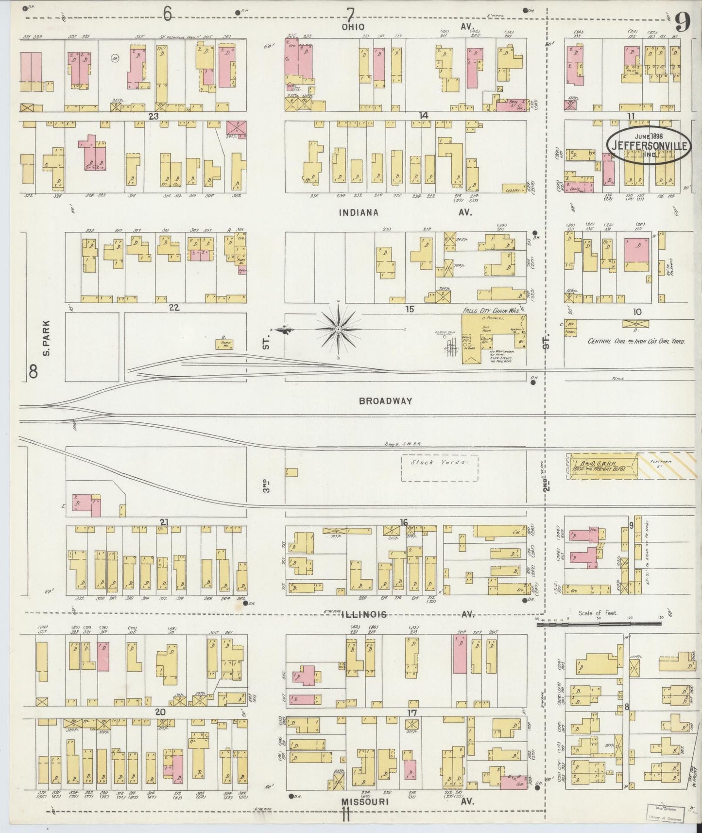Sanborn Fire Insurance Map from Jeffersonville, Clark County, Indiana (1898), Sheet #0009 - Historic Sanborn Fire Insurance Map Print, vintage old map wall art, antique decor, genealogy gift, Indiana Indiana map
