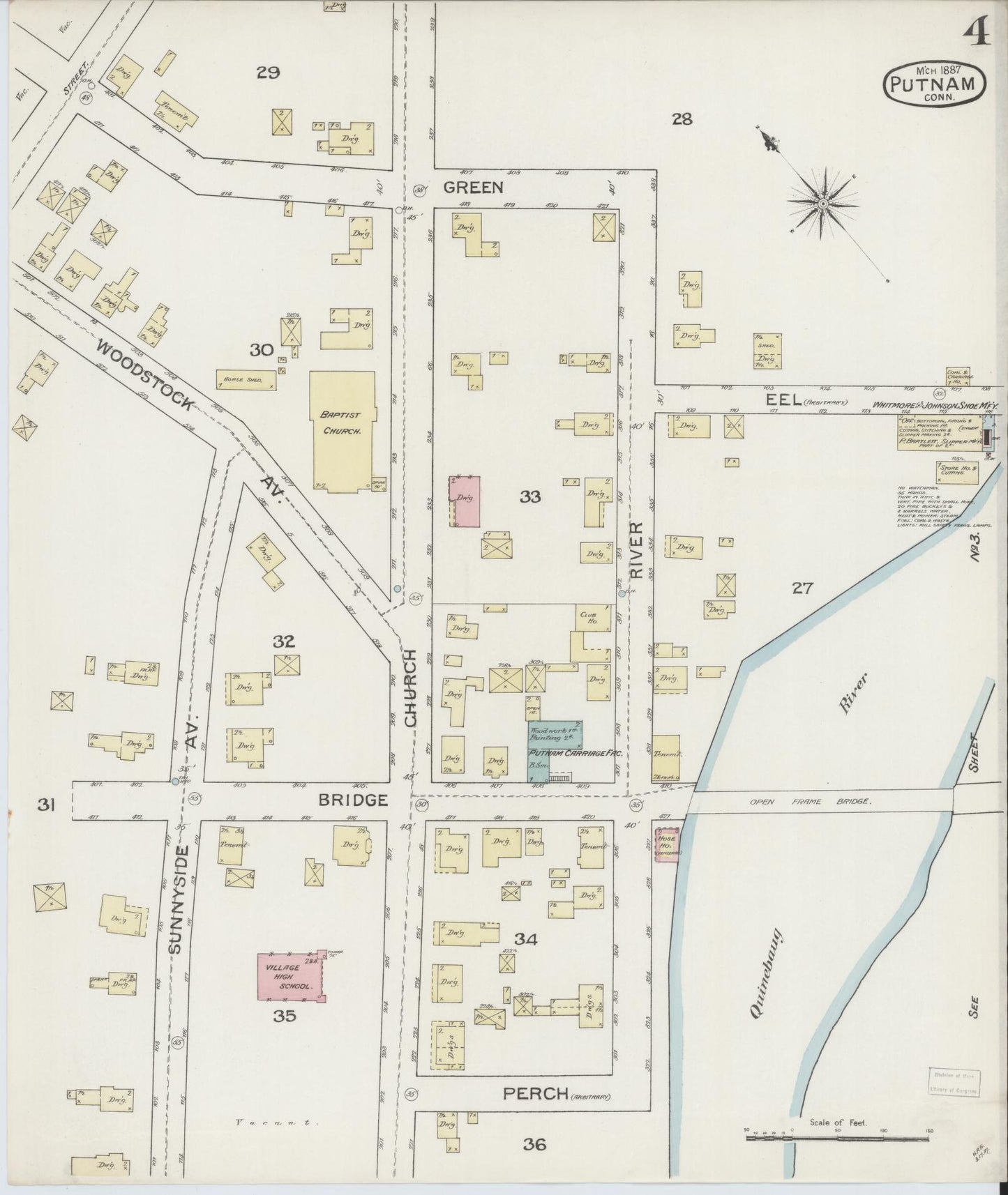 Sanborn Fire Insurance Map from Putnam, Windham County, Connecticut (1887), Sheet #0004 - Historic Sanborn Fire Insurance Map Print, vintage old map wall art, antique decor, genealogy gift, Connecticut Connecticut map