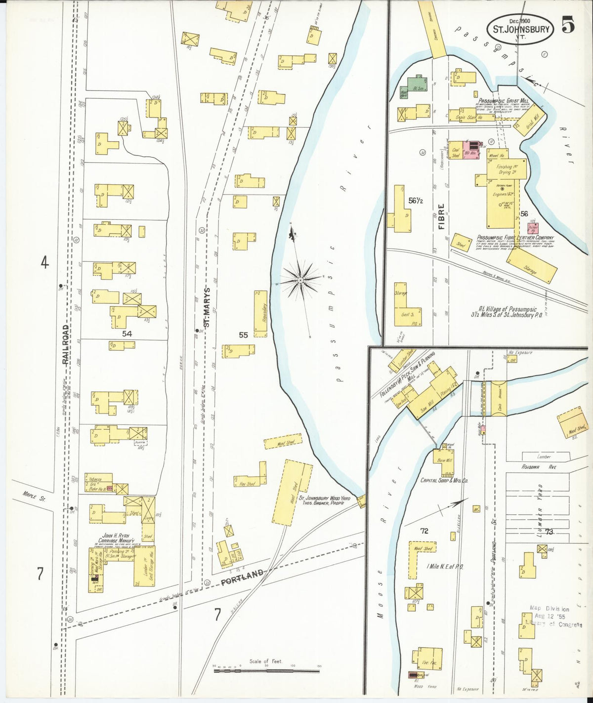 Sanborn Fire Insurance Map from Saint Johnsbury, Caledonia County, Vermont (1900), Sheet #0005 - Historic Sanborn Fire Insurance Map Print, vintage old map wall art, antique decor, genealogy gift, Vermont Vermont map