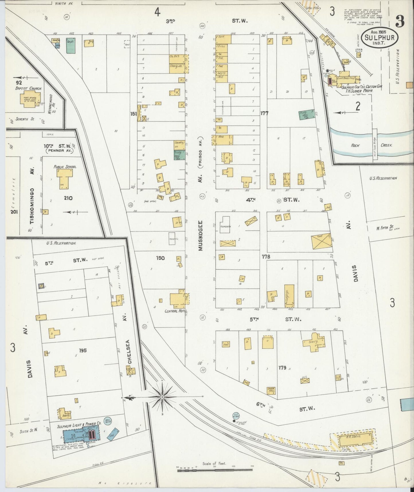 Sanborn Fire Insurance Map from Sulphur, Murray County, Oklahoma (1905), Sheet #0003 - Historic Sanborn Fire Insurance Map Print, vintage old map wall art, antique decor, genealogy gift, Oklahoma Oklahoma map