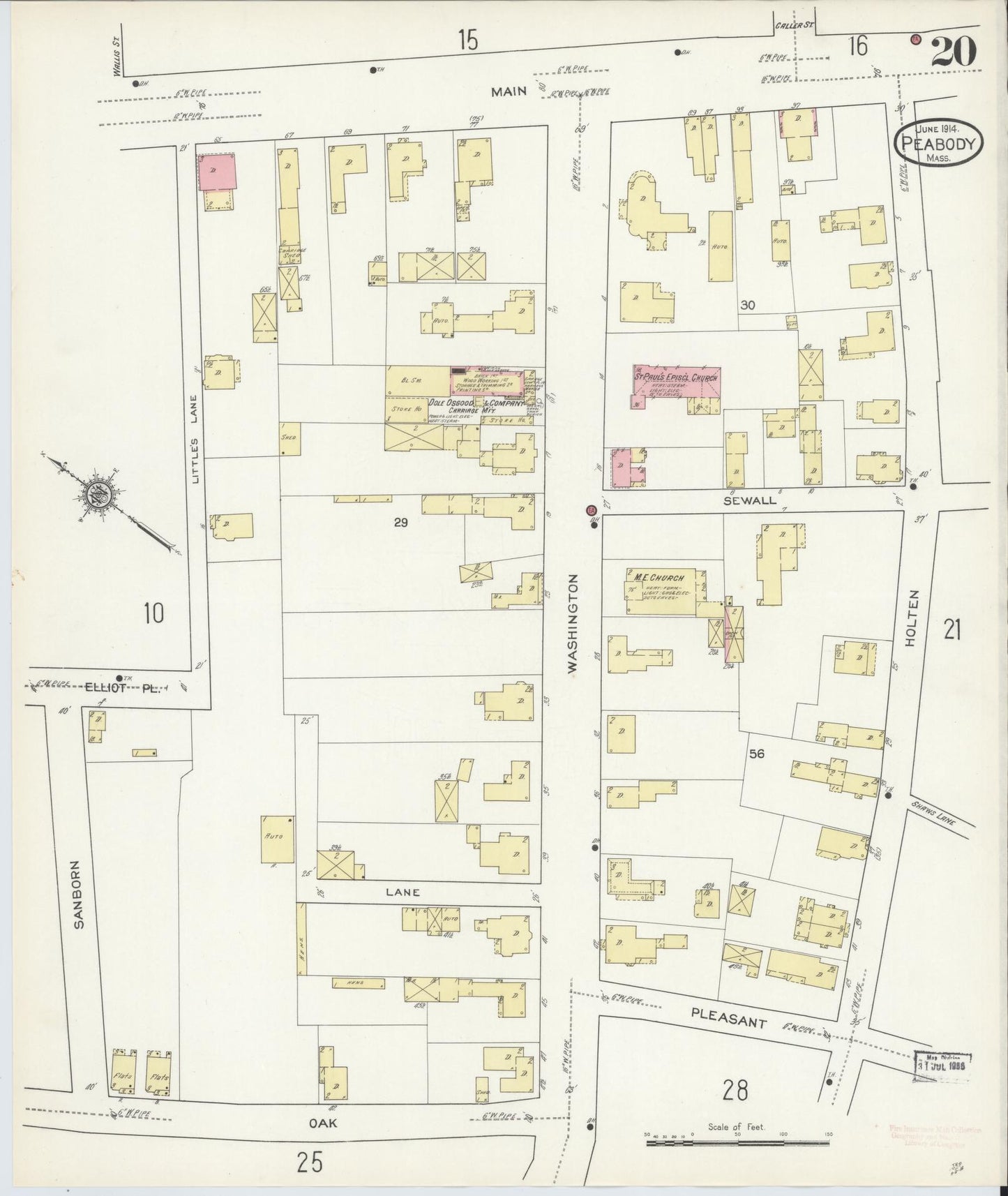 Sanborn Fire Insurance Map from Peabody, Essex County, Massachusetts (1914), Sheet #0020 - Historic Sanborn Fire Insurance Map Print, vintage old map wall art, antique decor, genealogy gift, Massachusetts Massachusetts map