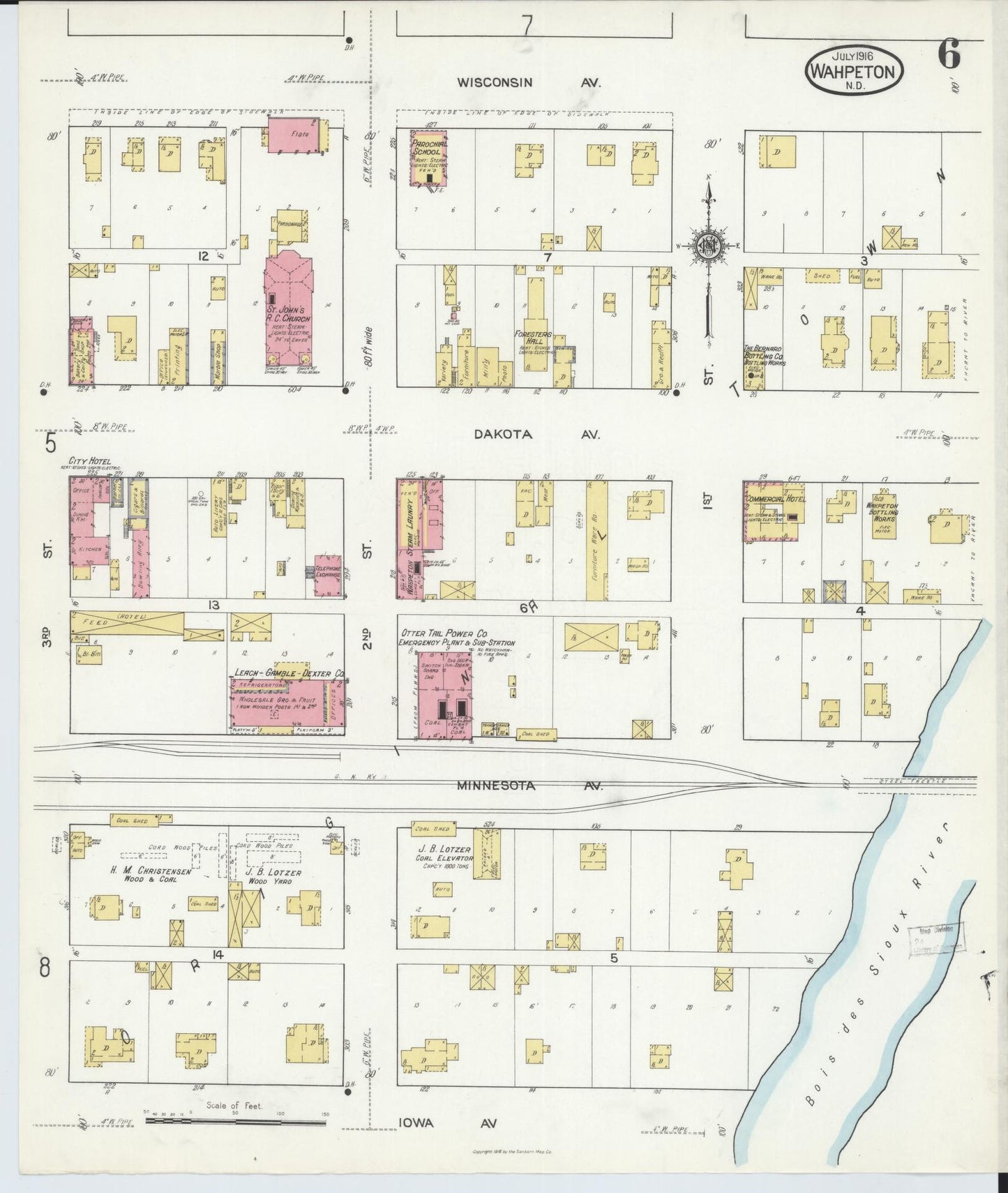 Sanborn Fire Insurance Map from Wahpeton, Richland County, North Dakota (1916), Sheet #0006 - Historic Sanborn Fire Insurance Map Print, vintage old map wall art, antique decor, genealogy gift, North Dakota North Dakota map