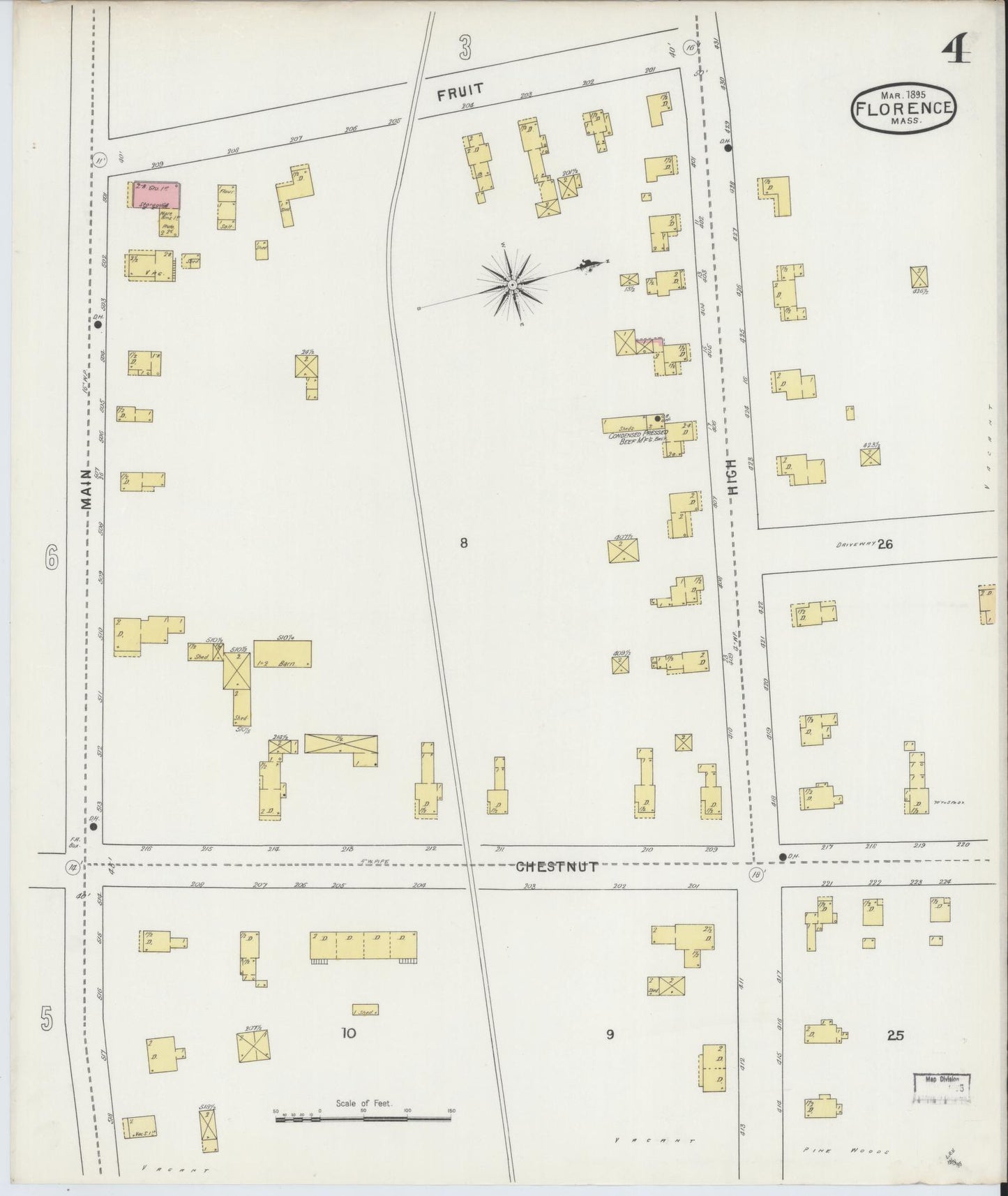 Sanborn Fire Insurance Map from Florence, Hampshire County, Massachusetts (1895), Sheet #0004 - Historic Sanborn Fire Insurance Map Print, vintage old map wall art, antique decor, genealogy gift, Massachusetts Massachusetts map