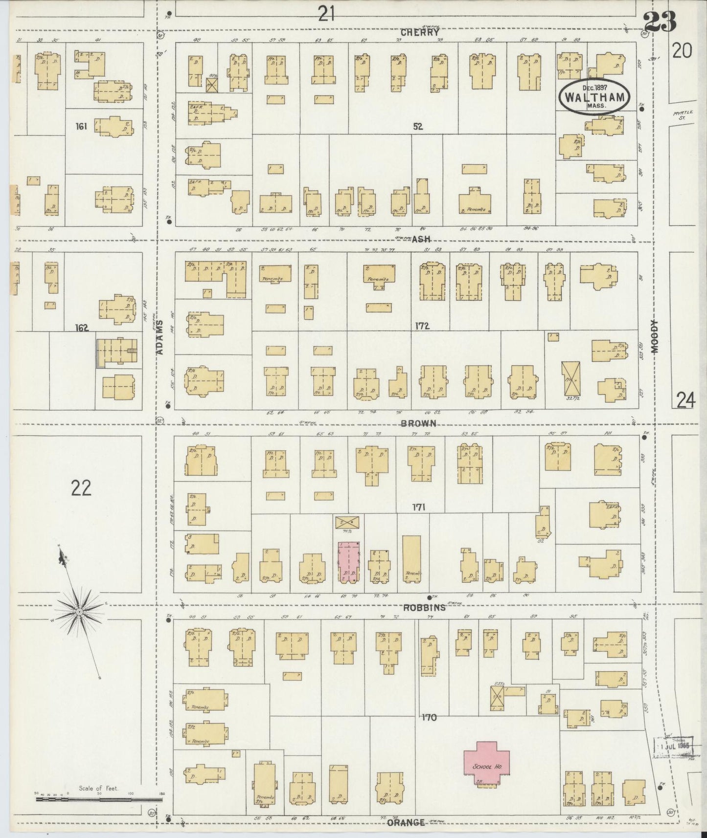 Sanborn Fire Insurance Map from Waltham, Middlesex County, Massachusetts (1897), Sheet #0023 - Historic Sanborn Fire Insurance Map Print, vintage old map wall art, antique decor, genealogy gift, Massachusetts Massachusetts map