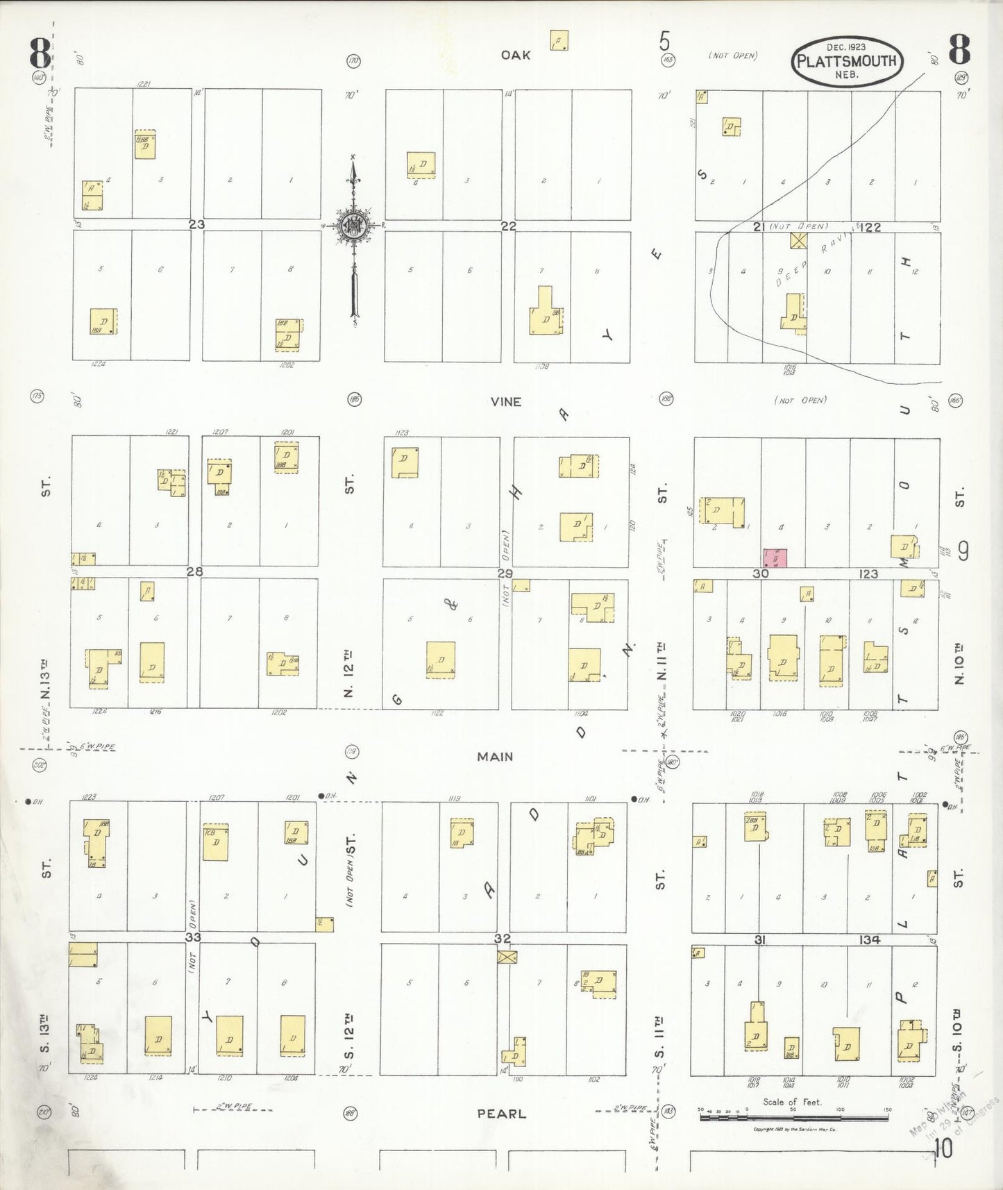 Sanborn Fire Insurance Map from Plattsmouth, Cass County, Nebraska (1923), Sheet #0008 - Historic Sanborn Fire Insurance Map Print, vintage old map wall art, antique decor, genealogy gift, Nebraska Nebraska map
