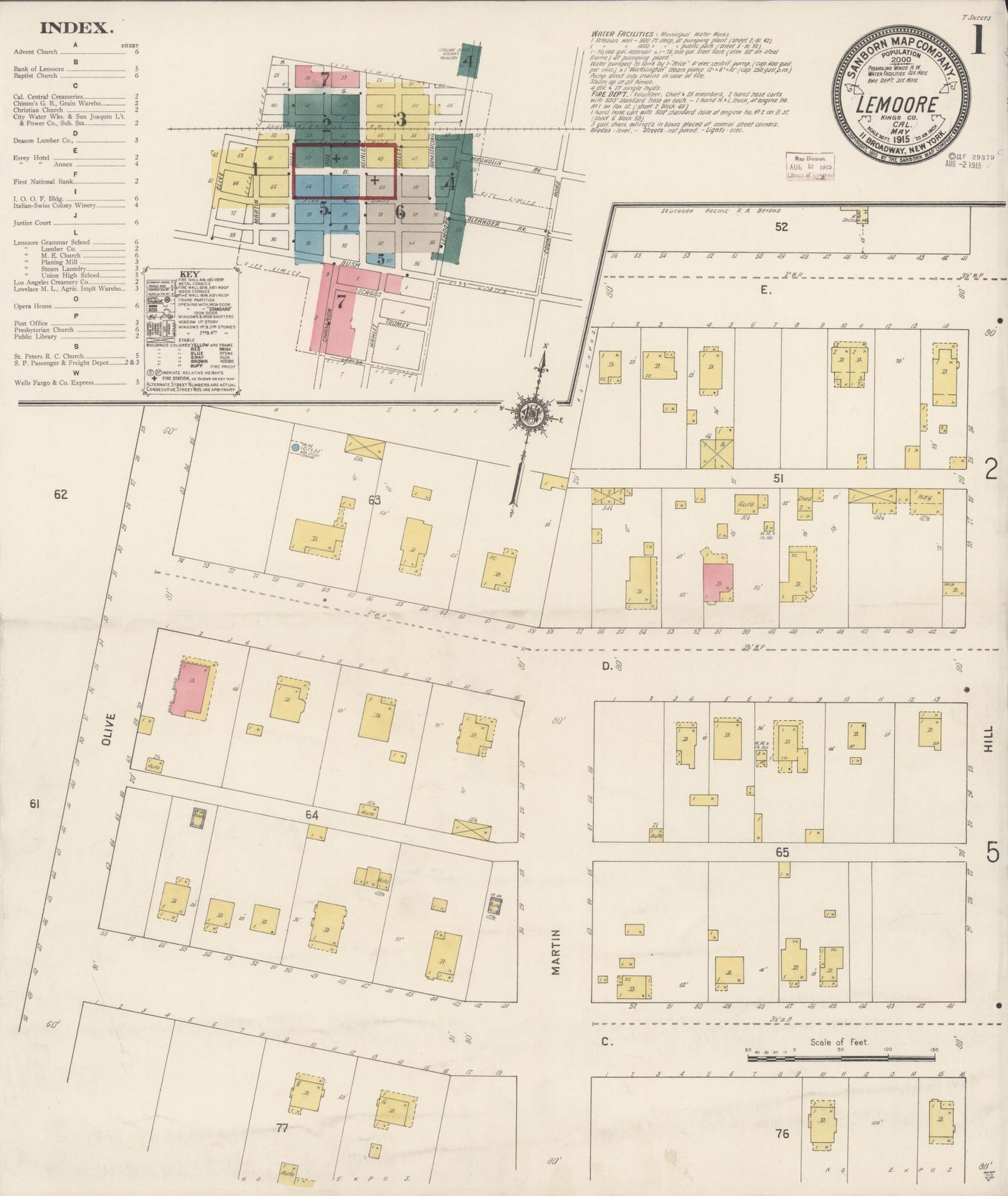 Sanborn Fire Insurance Map from Lemoore, Kings County, California (1915), Sheet #0001 - Historic Sanborn Fire Insurance Map Print, vintage old map wall art, antique decor, genealogy gift, California California map