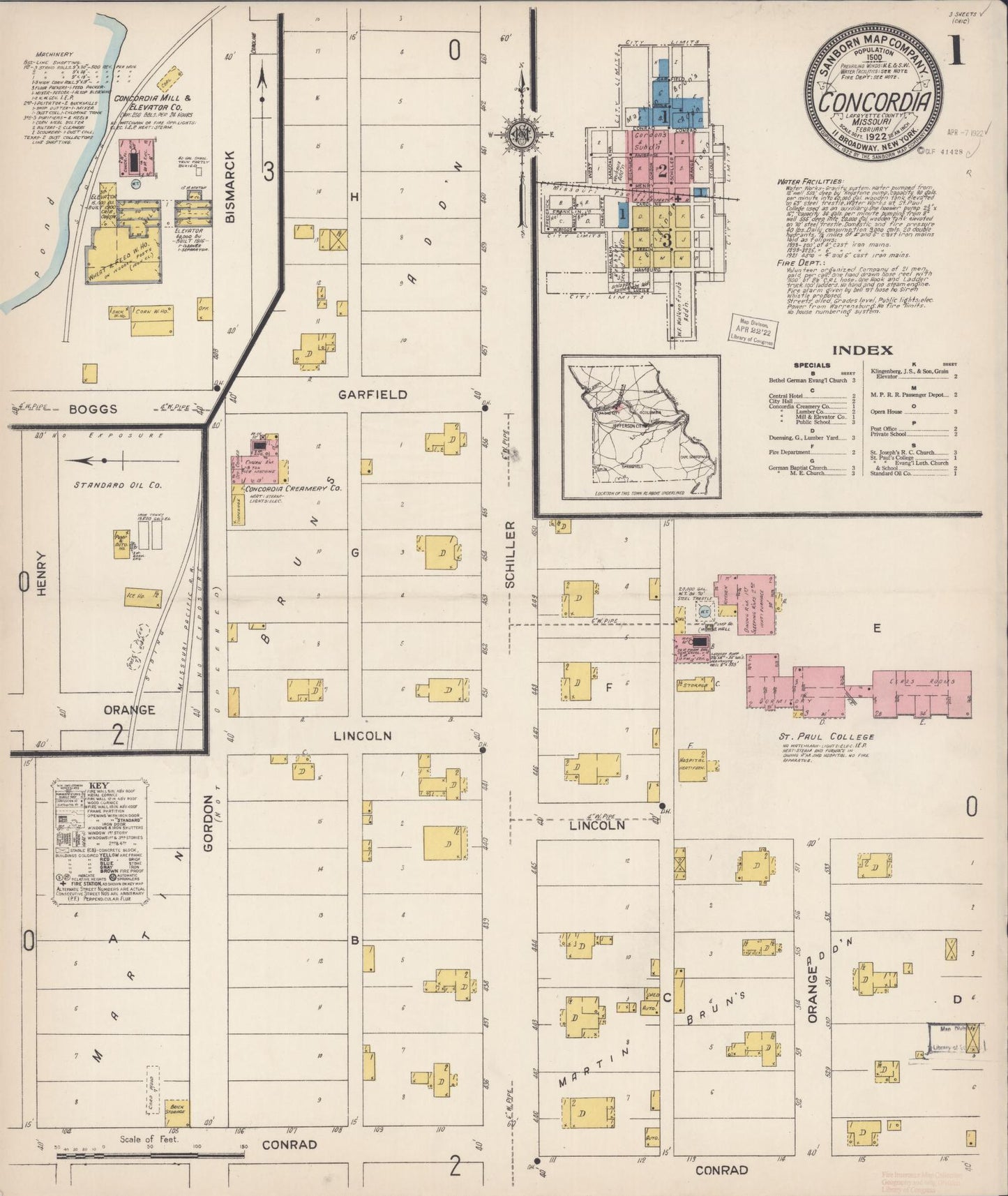 Sanborn Fire Insurance Map from Concordia, Lafayette County, Missouri (1922), Sheet #0001 - Historic Sanborn Fire Insurance Map Print, vintage old map wall art, antique decor, genealogy gift, Missouri Missouri map