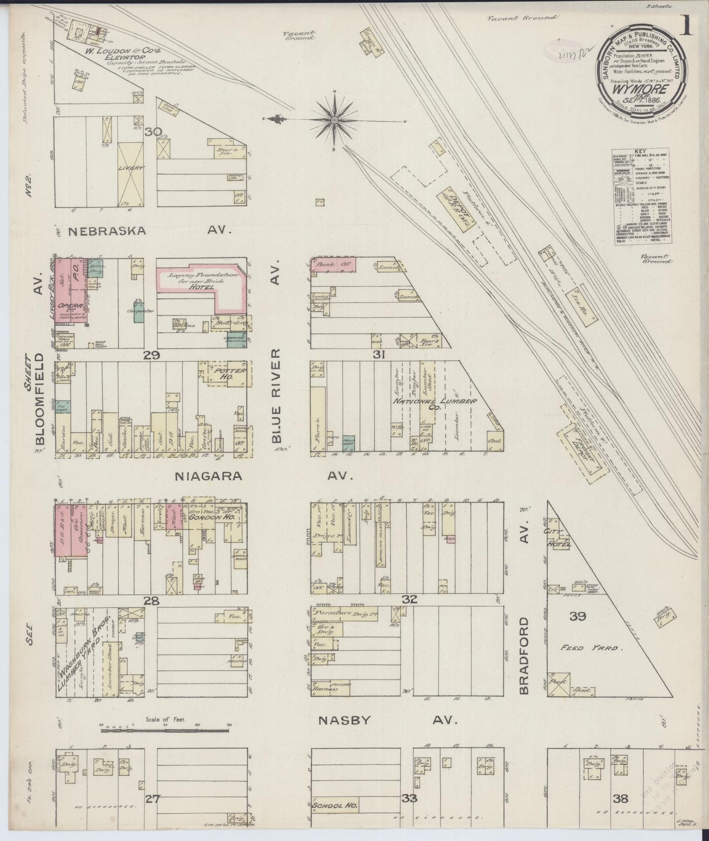Sanborn Fire Insurance Map from Wymore, Gage County, Nebraska (1886), Sheet #0001 - Historic Sanborn Fire Insurance Map Print, vintage old map wall art, antique decor, genealogy gift, Nebraska Nebraska map
